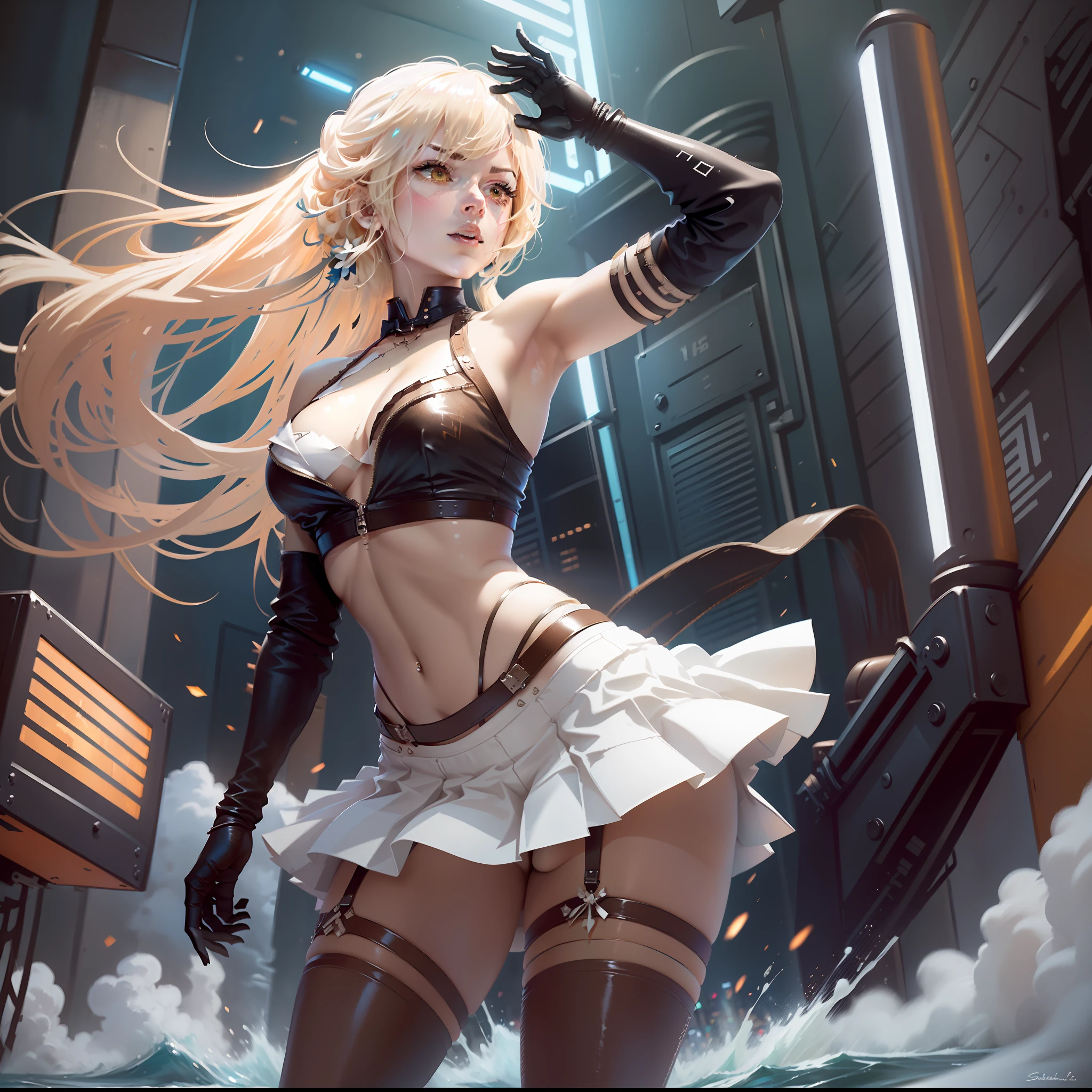 (Blonde Girl: 1.2, Leather Short Skirt: 1.2, White Bra Top), (Tifa: 1.3, White-Haired Girl: 1.2, 2B: 1.2, NiER: Automata Inspiration), (Perfect White-Haired Girl: 1.1, Silverhaired Girl: 1.1, Cyborg: 1.1), Dynamic Pose, Blue World, High Quality, Dynamic Photography, Neon Light Wave.
