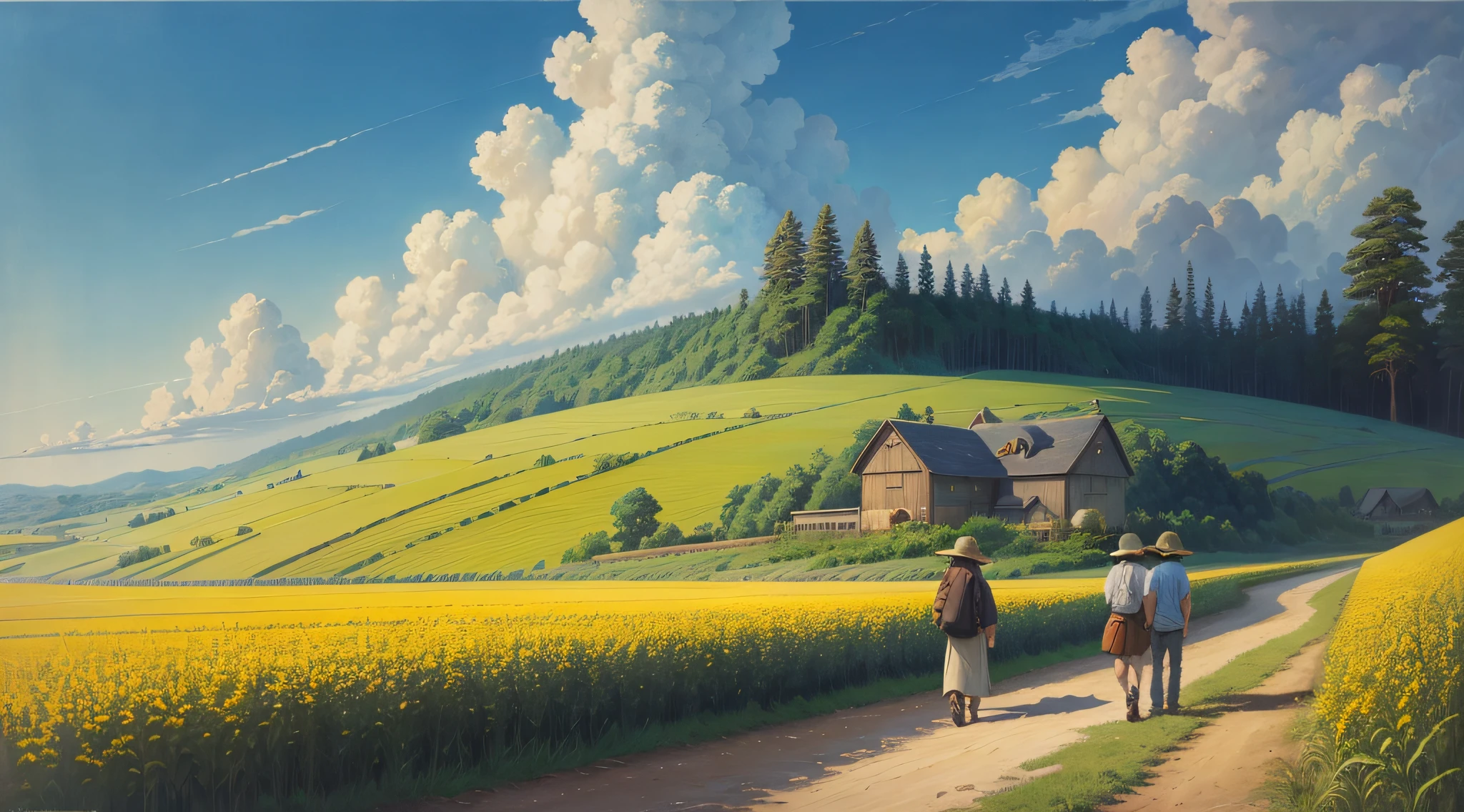 Realistic, real, beautiful and amazing landscape oil painting, Studio Ghibli, Hayao Miyazaki, cornfield, sun, blue sky