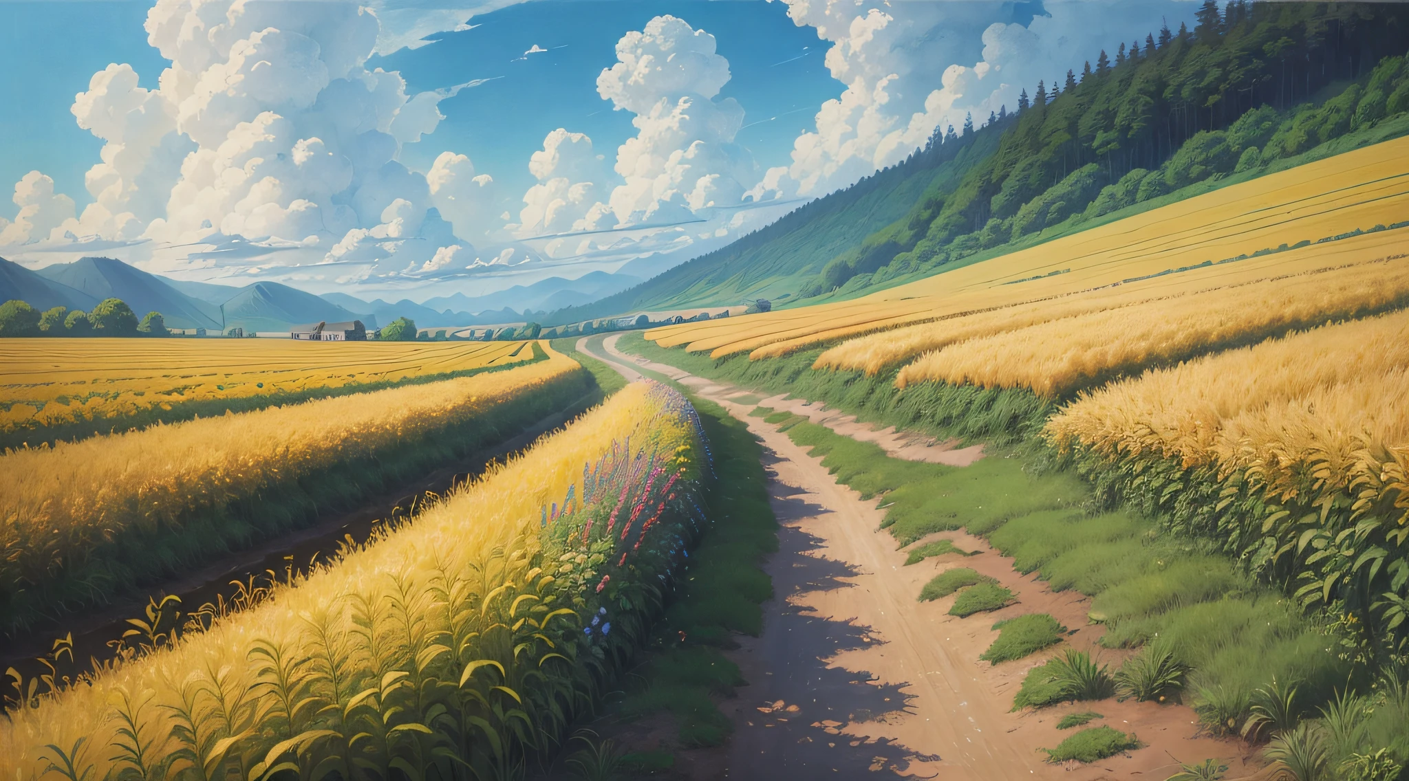 Realistic, real, beautiful and amazing landscape oil painting, Studio Ghibli, Hayao Miyazaki, cornfield, sun, blue sky
