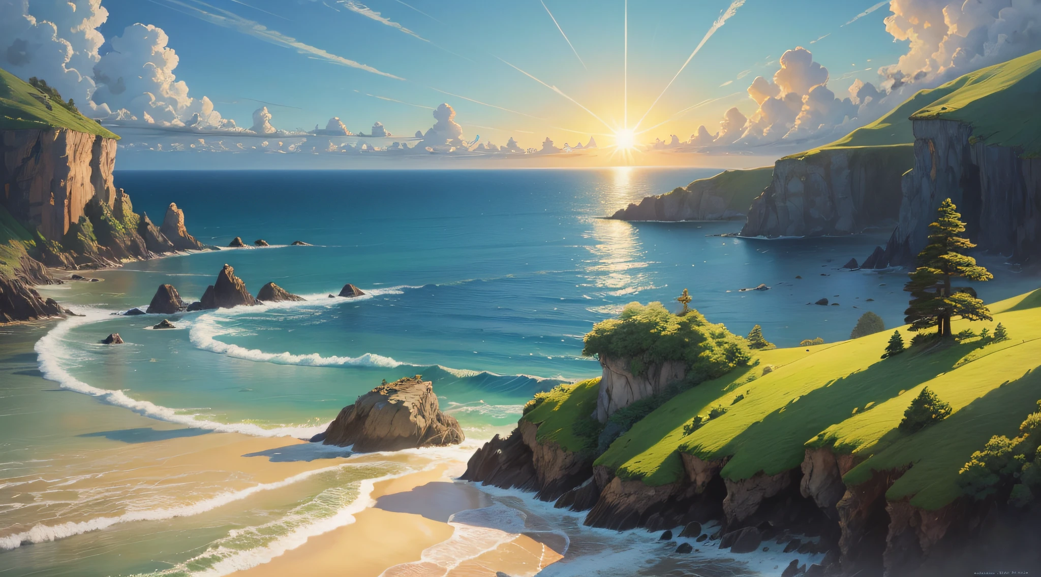 Realistic, real, beautiful and amazing landscape oil painting, Studio Ghibli, Hayao Miyazaki, ocean, sun, blue sky