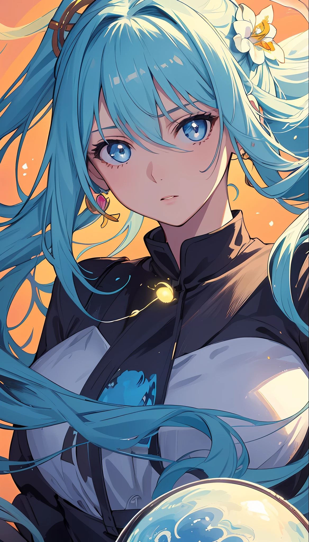 (Masterpiece), (Best Quality), (Super Detail), (disheveled Hair), (Illustration), (One Girl), (Fashionable Clothes), Standing, Fashion Model, Beholder, (Interview), (Simple Background), Finely Beautiful Eyes, Delicate Beautiful Face, Floating, (High Saturation), (Colorful Water Splash), Colorful Bubble, (Shine), Focus on Face, Ponytail, Ayaka Kamisato, Light blue hair, bangs, hair rings, floating flowers, floating hairs, (shining), best lighting, best shadows, Precise iris depiction
,hyper detailed face, complex, perfect, model,  textured, chiaroscuro, professional make-up, realistic, rough, dominating, figure in frame, Super beautiful background drawn by WLOP, cinematic lighting, stars, fireflies, ethereal,