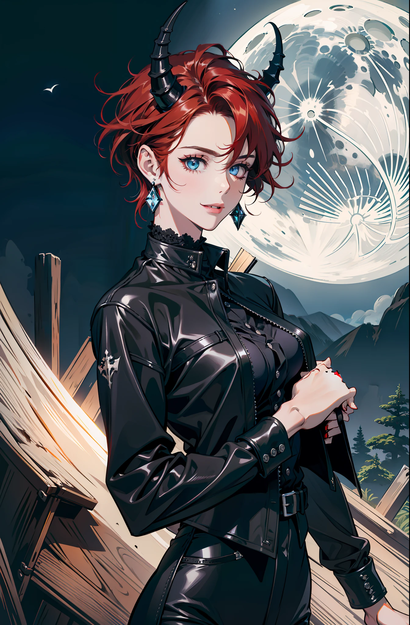 (absurdres, highres, ultra detailed), 1 girl, adult, handsome, tall, broad shoulders, finely detailed eyes and detailed face, black leather clothes, night, smile, dutch angle, short red hair, moon, forest, black horns in his head, silver details, earrings, black chocker, gothic, dark, vampire, black pants, horns, blue eyes, ((surprised))