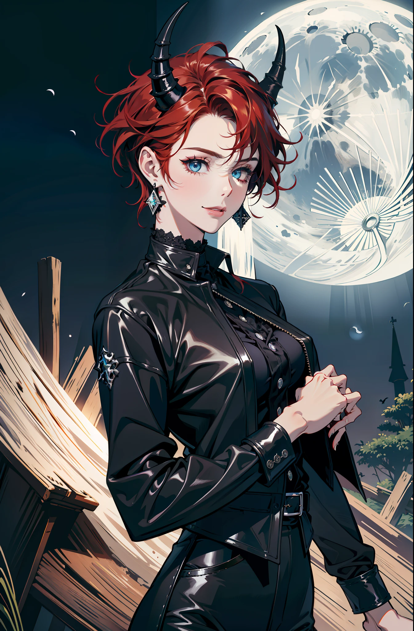 (absurdres, highres, ultra detailed), 1 girl, adult, handsome, tall, broad shoulders, finely detailed eyes and detailed face, black leather clothes, night, smile, dutch angle, short red hair, moon, forest, black horns in his head, silver details, earrings, black chocker, gothic, dark, vampire, black pants, horns, blue eyes, ((surprised))