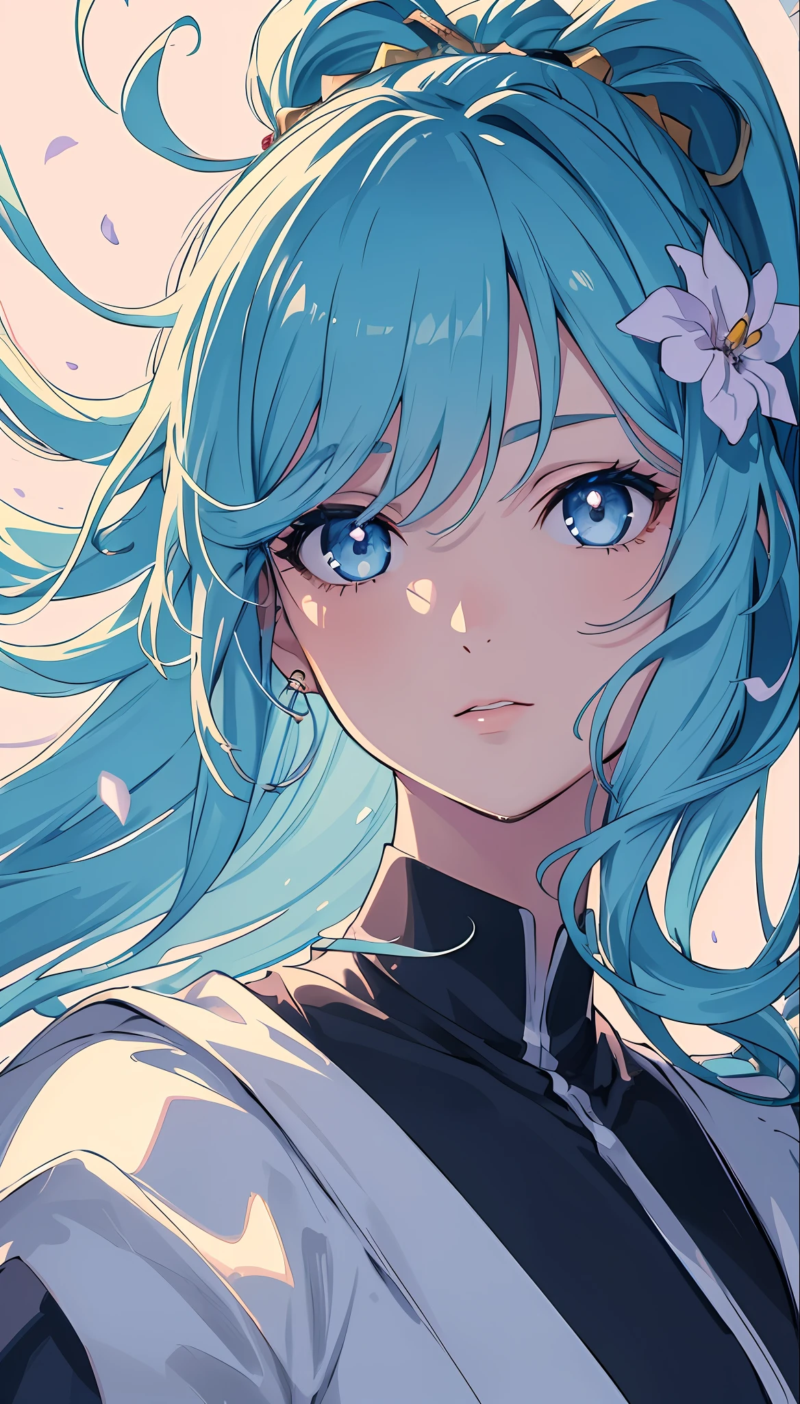 (Masterpiece), (Best Quality), (Super Detail), (disheveled Hair), (Illustration), (One Girl), (Fashionable Clothes), Standing, Fashion Model, Beholder, (Interview), (Simple Background), Finely Beautiful Eyes, Delicate Beautiful Face, Floating, (High Saturation), (Colorful Water Splash), Colorful Bubble, (Shine), Focus on Face, Ponytail, Ayaka Kamisato, Light blue hair, bangs, hair rings, floating flowers, floating hairs, (shining), best lighting, best shadows, Precise iris depiction
,hyper detailed face, complex, perfect, model, textured, chiaroscuro, professional make-up, realistic, rough, dominating, figure in frame, Super beautiful background drawn by WLOP, cinematic lighting, stars, fireflies, ethereal,