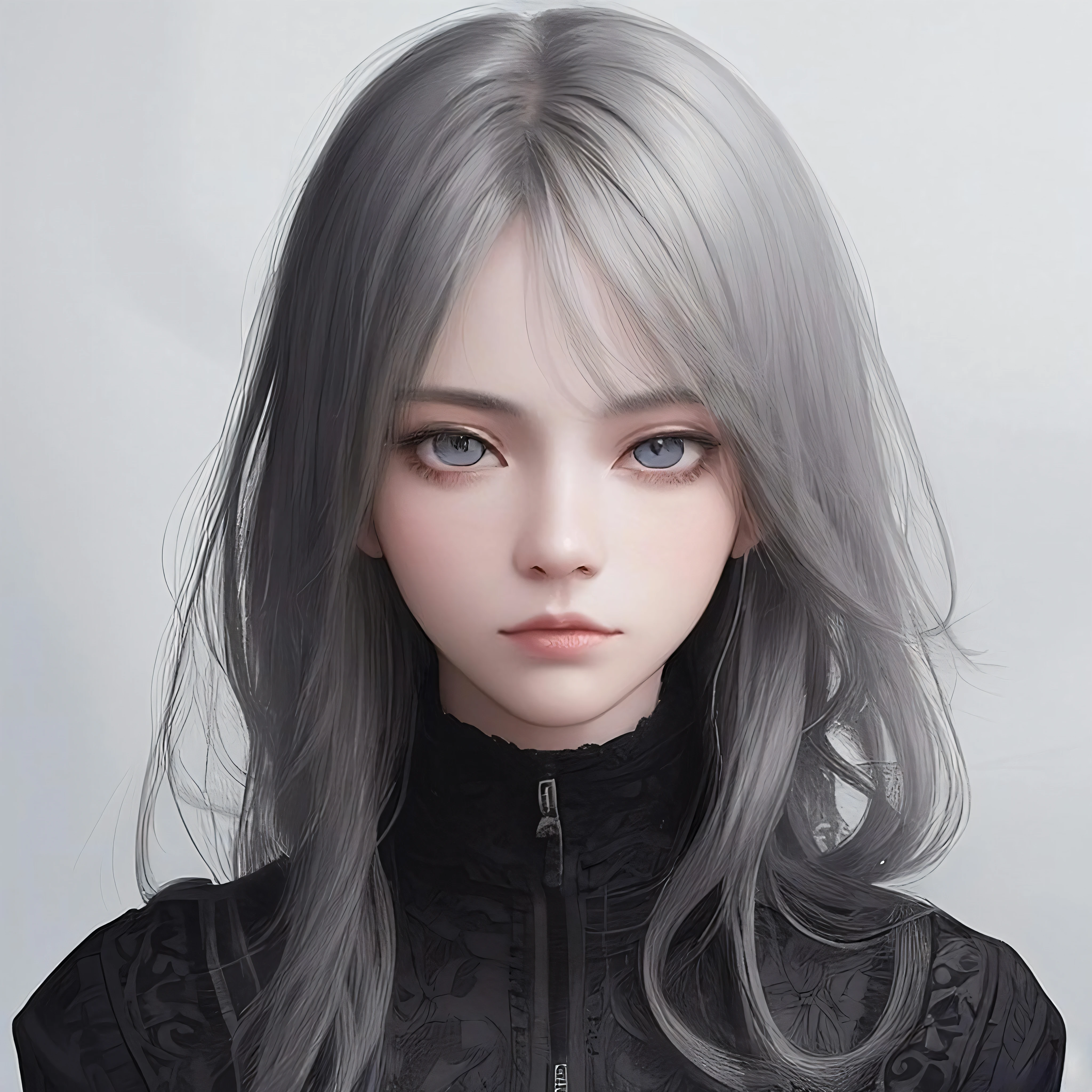 ((high quality, masterpiece:1.4)), 1girl, upper body, cyberpunk, black techwear, black gloves, white hair, japanese girl, symmetrical face, symmetrical eyes, looking at viewer, grey eyes, pretty face, beautiful face, beautiful eyes, beautiful girl, pretty girl, perfect facial shape, absurdres, realistic proportions, dynamic pose, high details, intricate, intricate details, realistic eyes, realistic eye proportions, sharp focus, 32k, realistic lighting, extreme details, realistic pupils, realistic proportion eyes, realistic proportions pupils, realistic shadows,