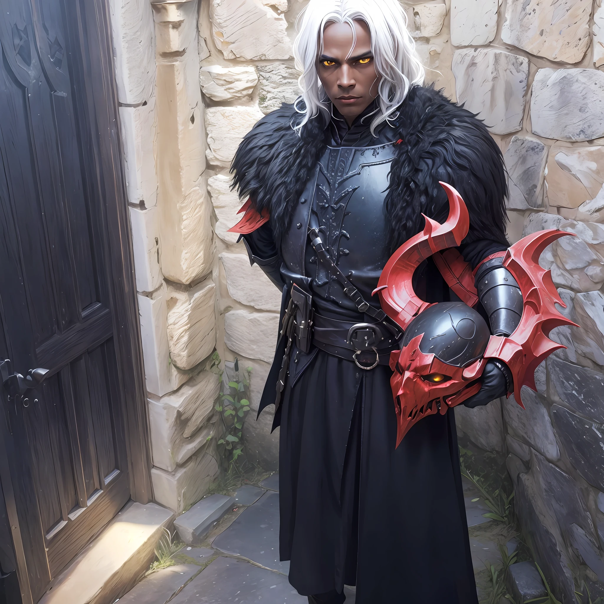 Black knight, castle at night, Gothic Realistic, 4k, brown skin, straight white hair, yellow eyes, holding a demon helmet
