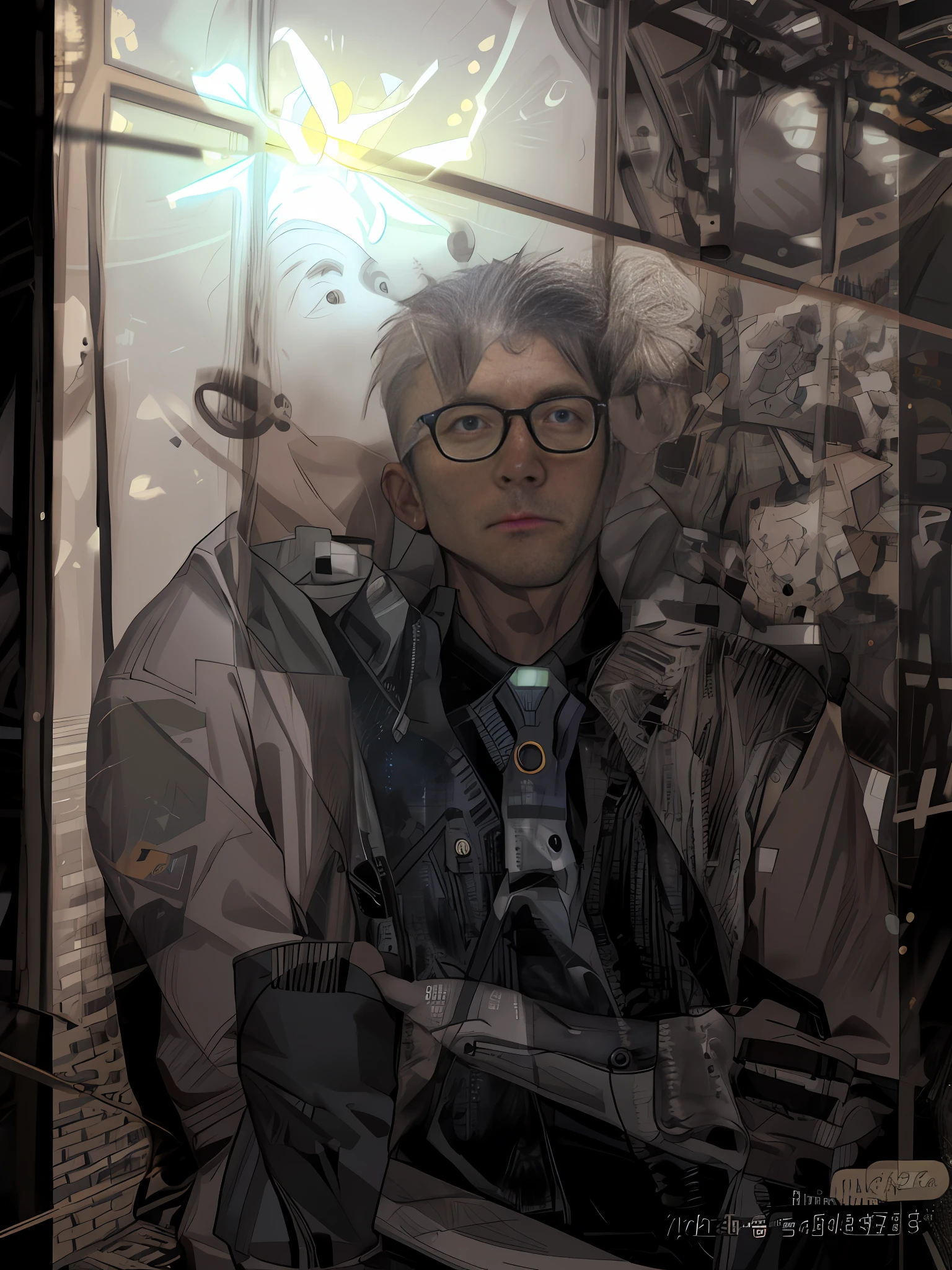 Draw a young man sitting on a research platform floating in the middle of a group of men. He was studying with a notebook, surrounded by several asteroids that emitted fiery halos. Dramatic lights from distant stars and planets illuminated the scene, casting deep shadows over the spacesuit. Young man looks confident and determined, looking at the vast and mysterious universe, black and white wolf, cowboy lens with amazement and respect