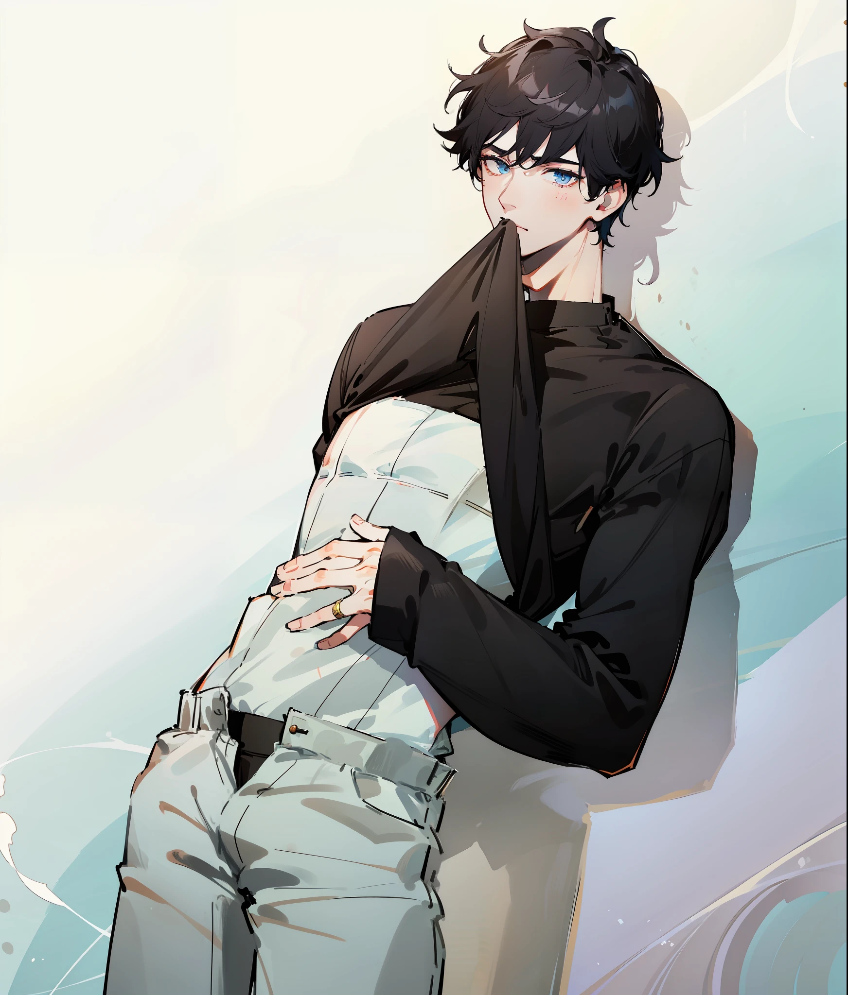 (((1boy))), ((toned)), male focus, masterpiece, high quality, (masterpiece:1.2), (best quality:1.2), shiny, realistic, ornate, intricate, shirtless, ((black hair)), (short hair), blue eyes, bangs, hair between eyes, hair_stick, hot_boy, fashion_clothes, ring, solo, hair_bun, hair_ornament, hair_pin, holding_fan, paper_fan, elegant, looking_at_viewer, holding_fan, red_eyeliner, FH , looking at the horizon, pupils constricted, (shadows cast over the face:1.3), dark room, shadow room, sexy expression, (upper body),