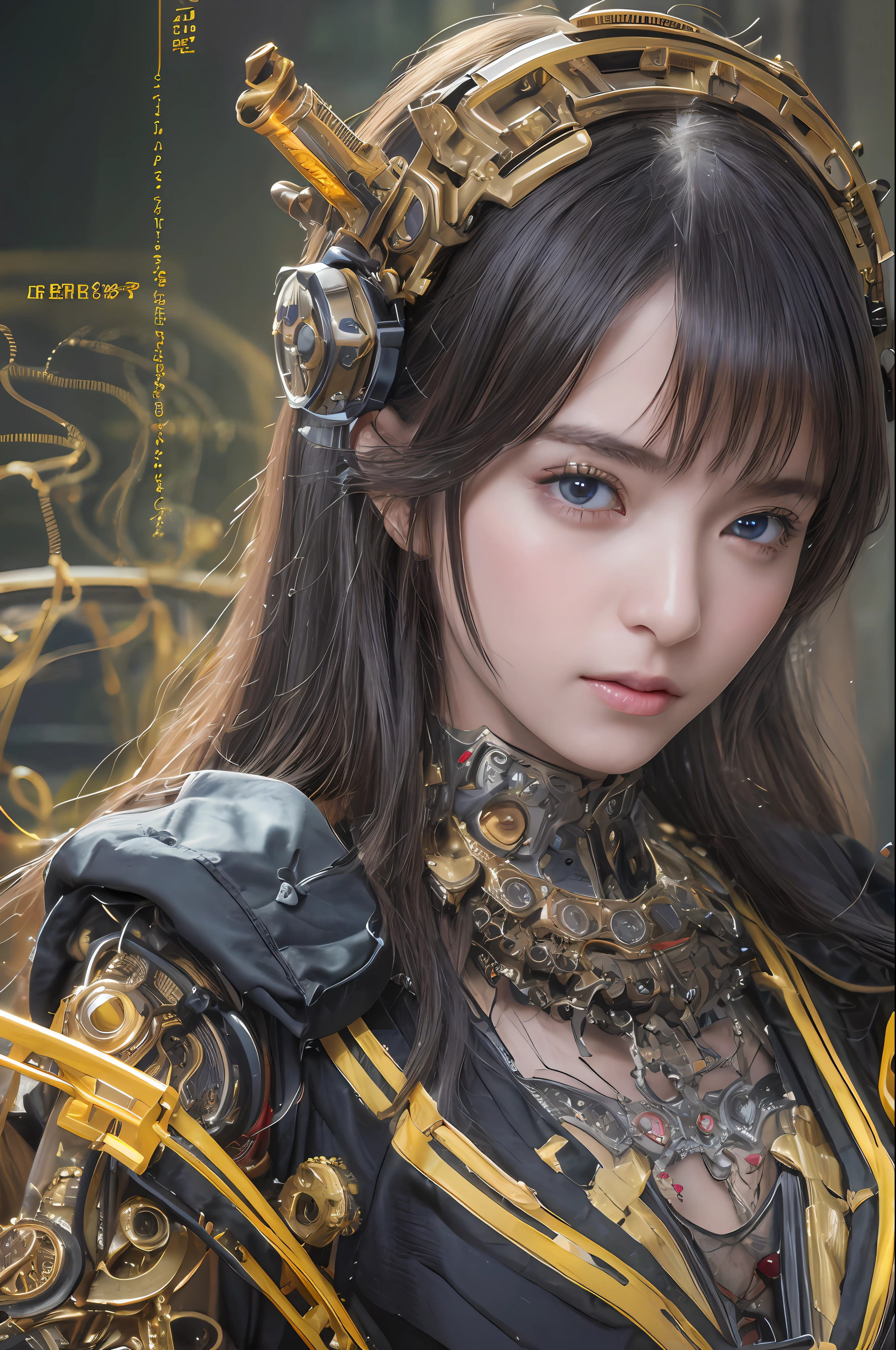 Top Quality, Masterpiece, Ultra High Resolution, (Photorealistic: 1.4), Raw Photo, 1 Girl, Black Hair, Glossy Skin, 1 Mechanical Girl, (Ultra Realistic Details)), Portrait, Global Illumination, Shadows, Octane Rendering, 8K, Ultra Sharp, Big, Cleavage Exposed Raw Skin, Metal, Detail of Intricate Ornaments, steampunk details, analog meters, gears, gears, golden hydraulic cylinders, very intricate details, realistic light, CGSoation trends, purple eyes, glowing eyes, facing the camera, neon details, mechanical limbs, blood vessels connected to tubes, mechanical vertebrae attached to the back, mechanical cervical attachment to the neck, sitting, wires and cables connecting to the head, Gundam, small LED lamps,