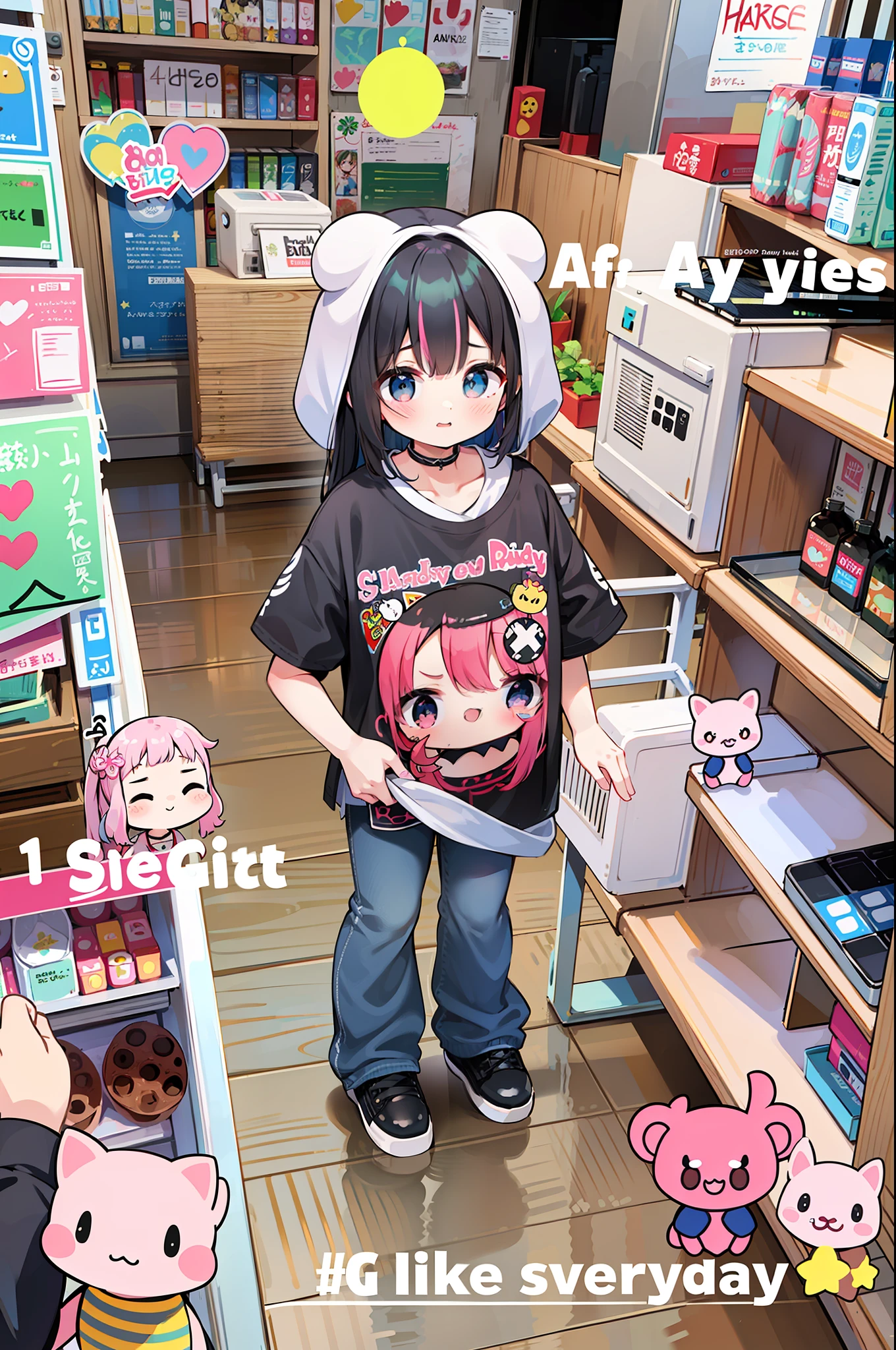 There is a girl standing in the store, so cute, super cute and friendly, black pink Josie, けもの, E-girl, kawaii shirt and jeans, electronic girl, Ruan cute vtuber, Snapchat photos, cute girl, black pink Rosanna Park, Ultra HD, 8k, Best Light, 6 year o 1girl, super cute, fair skin, (big watery eyes: 1.3, 🤬 🎀 💕 💕 🤮 🎀 🤮 😭 long eyelashes), (Kpop, idol, 6years old_girl), smilface, cuter, (babyface: 1.4)