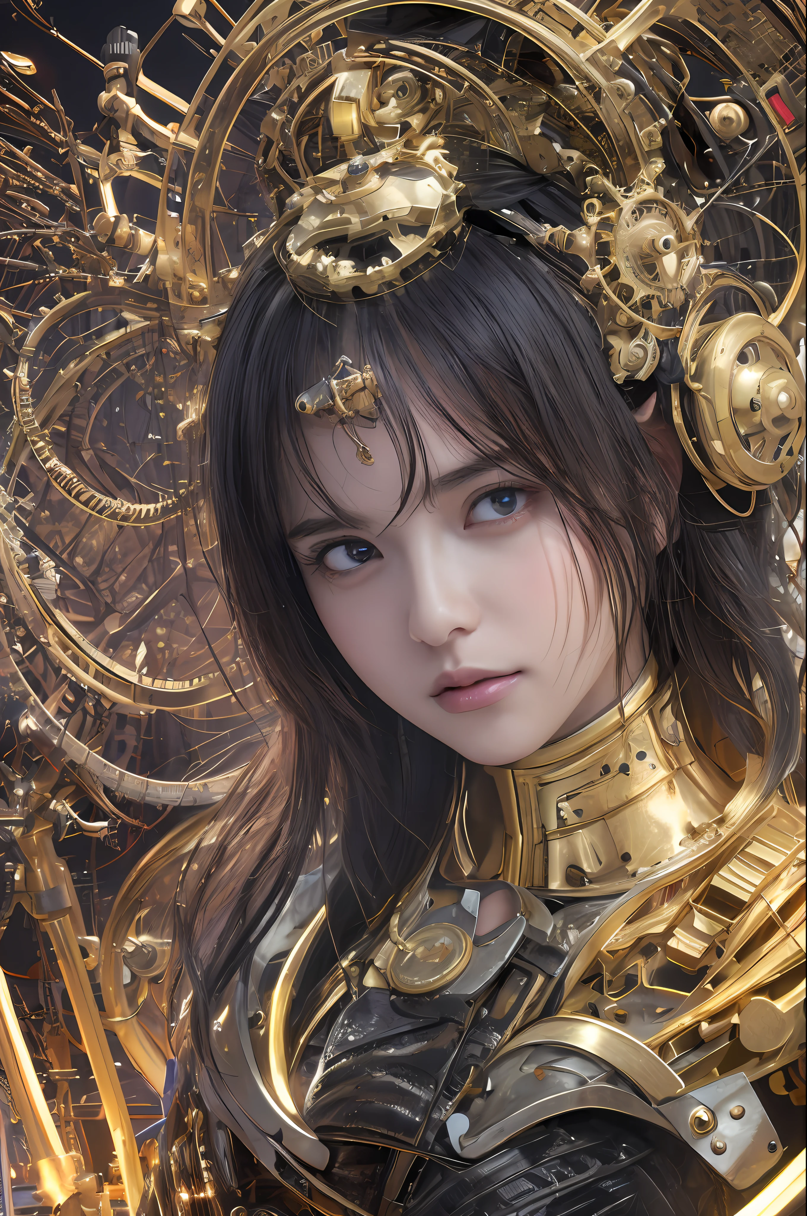 Top Quality, Masterpiece, Ultra High Resolution, (Photorealistic: 1.4), Raw Photo, 1 Girl, Black Hair, Glossy Skin, 1 Mechanical Girl, (Ultra Realistic Details)), Portrait, Global Illumination, Shadows, Octane Rendering, 8K, Ultra Sharp, Big, Cleavage Exposed Raw Skin, Metal, Detail of Intricate Ornaments, steampunk details, analog meters, gears, gears, golden hydraulic cylinders, very intricate details, realistic light, CGSoation trends, purple eyes, glowing eyes, facing the camera, neon details, mechanical limbs, blood vessels connected to tubes, mechanical vertebrae attached to the back, mechanical cervical attachment to the neck, sitting, wires and cables connecting to the head, Gundam, small LED lamps,