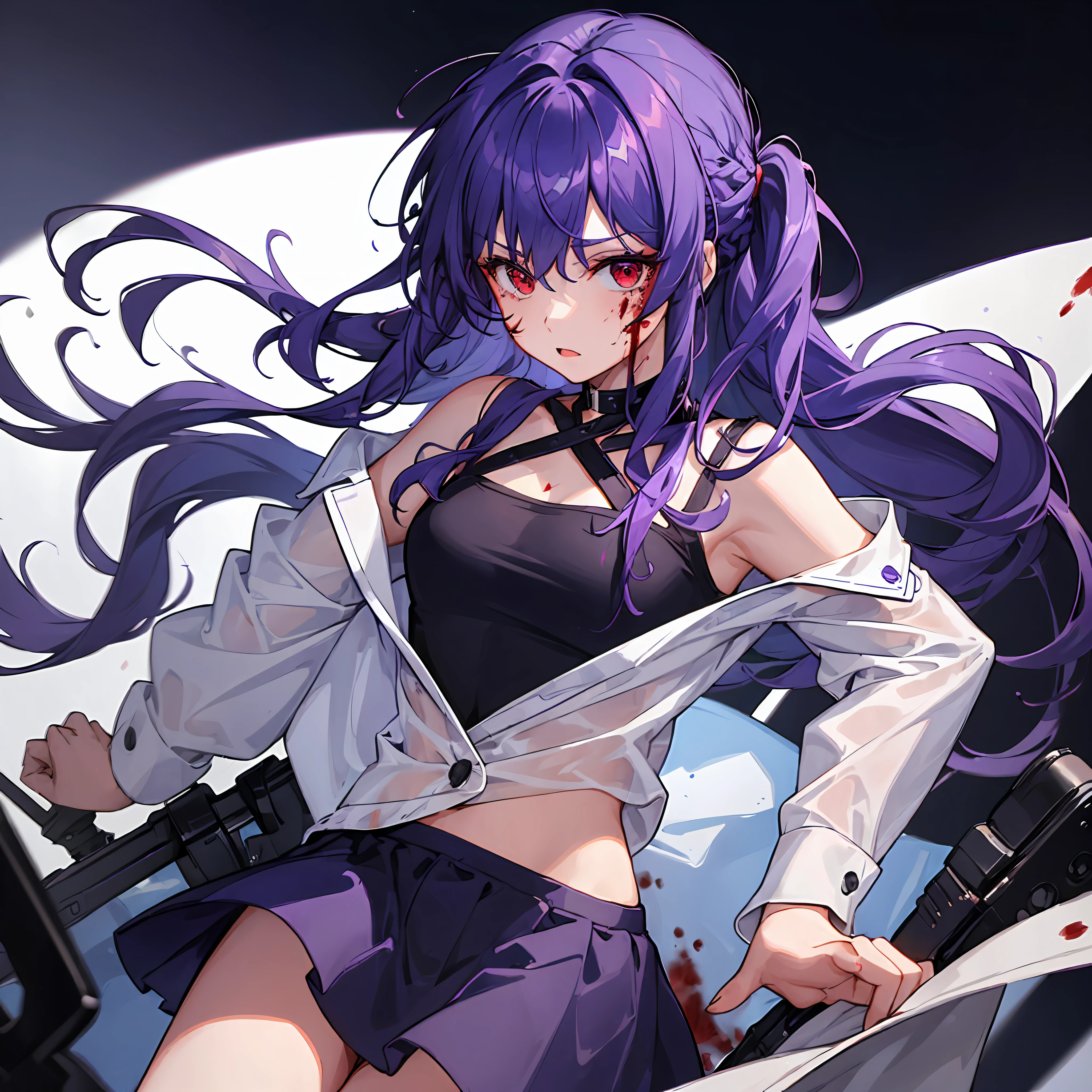 (((1 girl))), (solo)))), ((messy hairstyle)), (blue-purple hair)), red eyes, soft shirt with blood stains on the face,