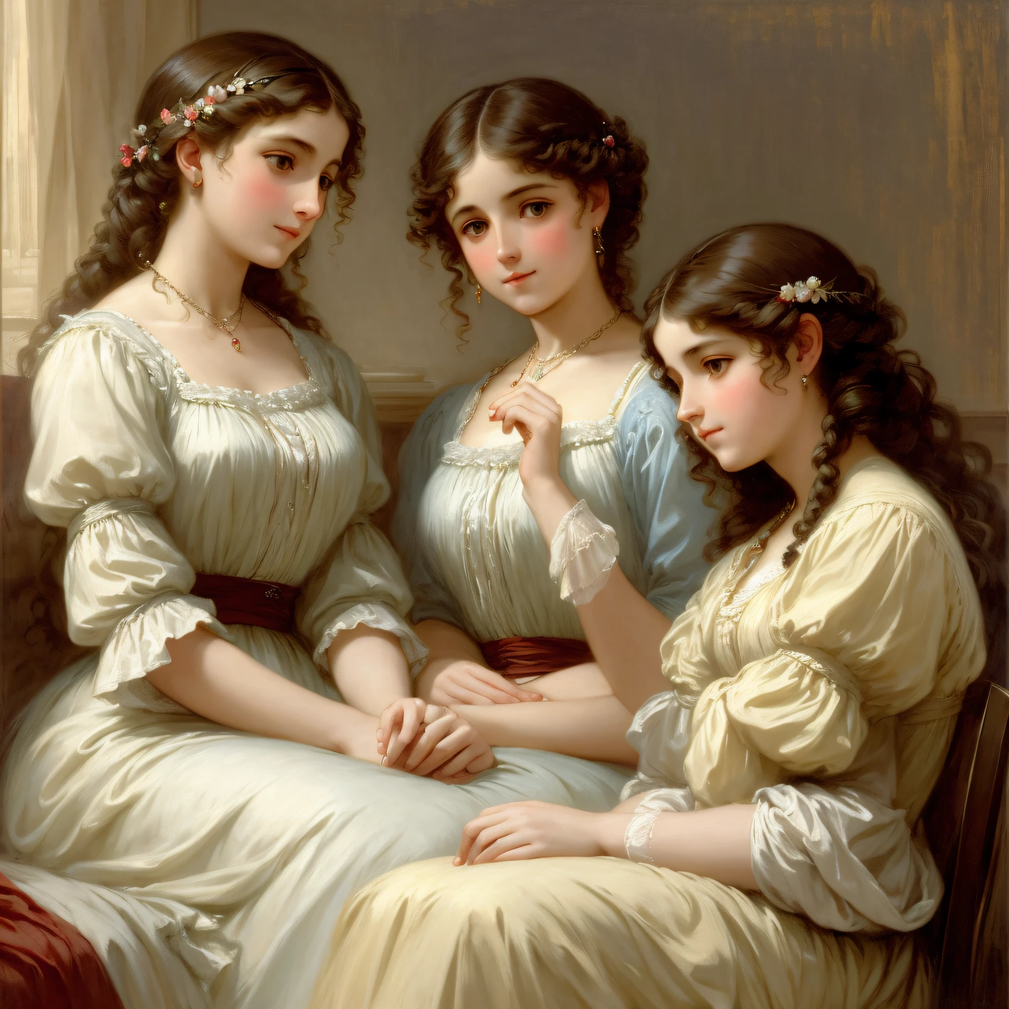 there are three women in dresses sitting together on a bed, a fine art painting inspired by Pierre Auguste Cot, trending on cg society, romanticism, art of edouard bisson, triad of muses, baroque digital painting, pudica gesture bouguereau style, symbolist painting, renaissance digital painting, wlop painting style, vittorio matteo corcos --auto --s2