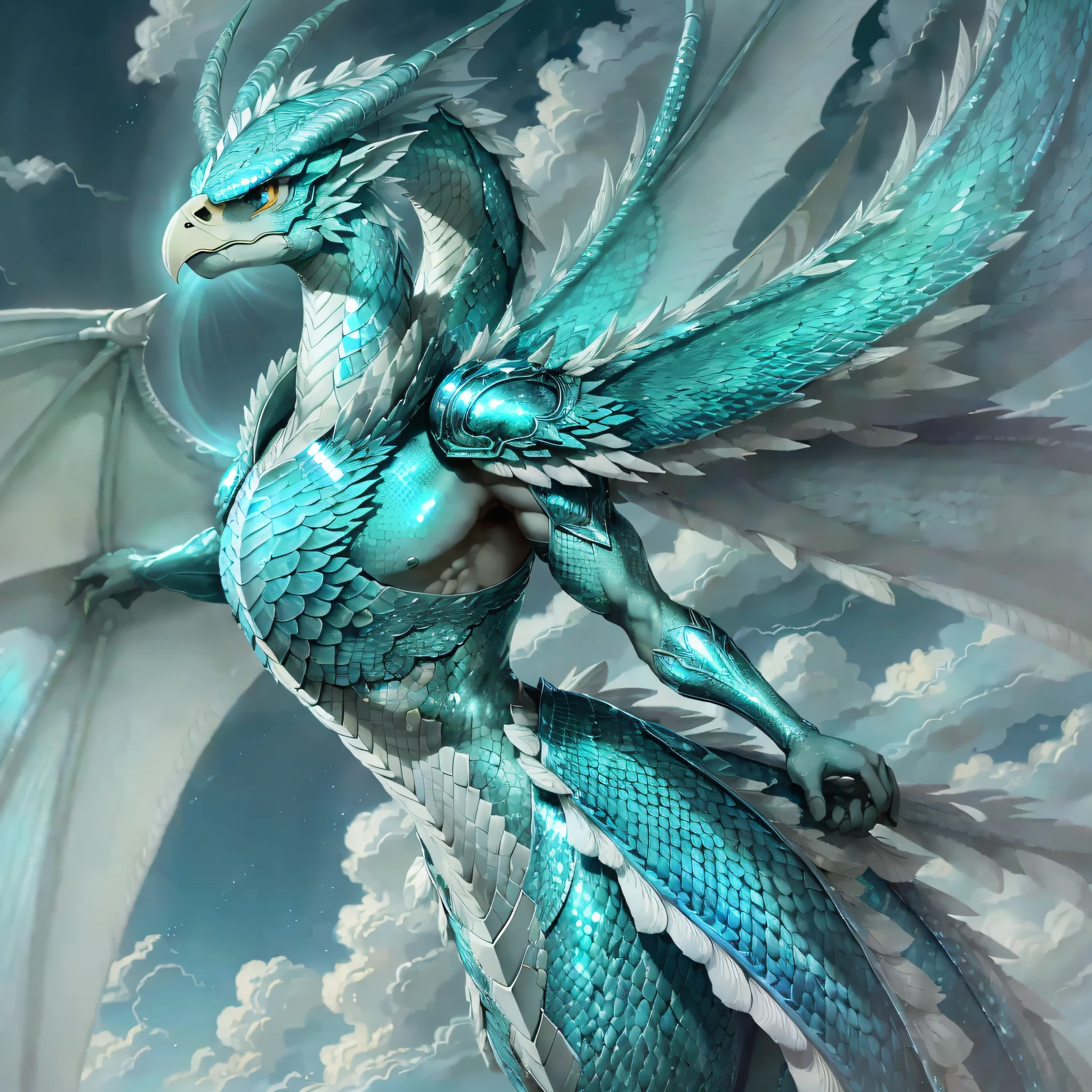 MAKE A DRAGON, His slender and graceful body is covered by iridescent scales, which vary in shades of cyan blue, reflecting the luminosity of the heavens. His scales, delicate and light as feathers, form an aerodynamic armor, allowing him to move with agility and elegance in the air. About twenty meters long, Aerion has a slender size and an elongated body structure, ideal for gliding through air currents. Its expansive, eagle-like wings have translucent, sturdy feathers that capture the breeze and propel it through the skies with unparalleled grace. Aerion's face is adorned by long curved horns that protrude backwards, giving it a majestic appearance. His mesmerizing eyes, of an intense sky-blue, shine with an ancestral wisdom and an aura of tranquility --auto --s2