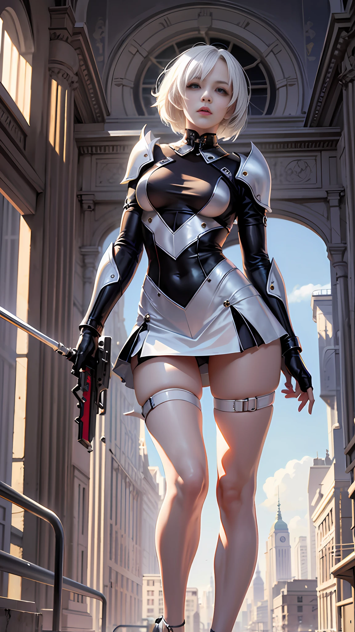 (Masterpiece), (Best Quality), Realism, Cinematic Light, Cool Pose, Battlefield Background, Perfect Figure, White Eyes, Short White Hair, Full Body, Long Legs, Miniskirt, High Heels