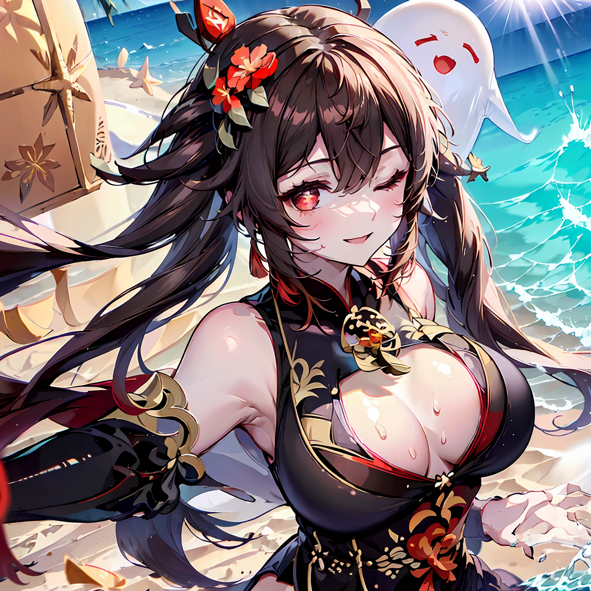absurdres, highres,
BREAK
looking at viewer, upper body, (from above:1.5)
BREAK
(vivid-color:1.3)
BREAK
(one girl:1.3), (loli:1.2), (Hutao, hutao (genshin impact:1.5), (hutao\(genshin\):1.5), (Translucent ghost:1.5), (brown long hair:1.3), (twintails:1.3), red eyes, (upturned eyes, smile:1.2), hairclip, earrings, jewelry, nm1, hair ribbon, short hair, (black strings bikini:1.5), (White fluid on the body:1.4), (twisting waist:1.3), (huge breasts, cleavage:1.3), (breasts focus, milk drip on breasts:1.3), (put a stick between one's breasts:1.3), (smile face:1.3), open mouth, (breast:1.3), round eyes, (hands up, arms up, one eye closed, lifting her feet:1.3), (cum in breasts:1.2), (blowing in the wind:0.5), (sweat around girl, dripping sweat:1.3), squall (wind:1.2), sense of speed, refreshing breeze, motion blur effect, wind
BREAK
background is (beach:1.3), (Stand in the center of the screen:1.3), outdoors, wind
BREAK
sunlight, magnificent view, light particles, dynamic angle, dutch angle, perspective
BREAK
(daytime, sunbeam:1.2), depth of field, bokeh, light leaks, (chromatic aberration:1.2), noon
BREAK