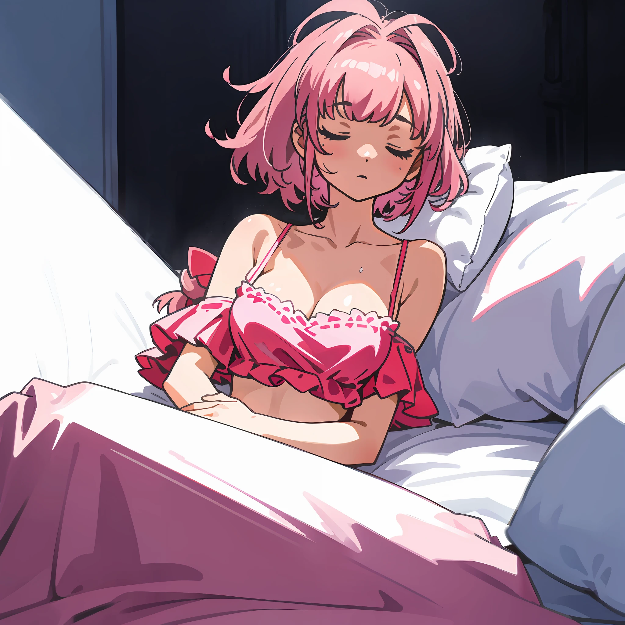 (best quality),(ultra-detailed), (disheveled hair:1.0), solo, , large breasts, beautiful pale pink hair, medium hair, spiked hair, asymmetrical bangs, (good sleep:1.5), (slovenly:1.5), face-to-face, on bed, indoors,cute bra, simple panties, sleeping, breasts apart, shiny skin, (sweaty:1.3),(nsfw:0.5), line, (fog:1.3), (spread legs:0.8), (spread arms:0.8),