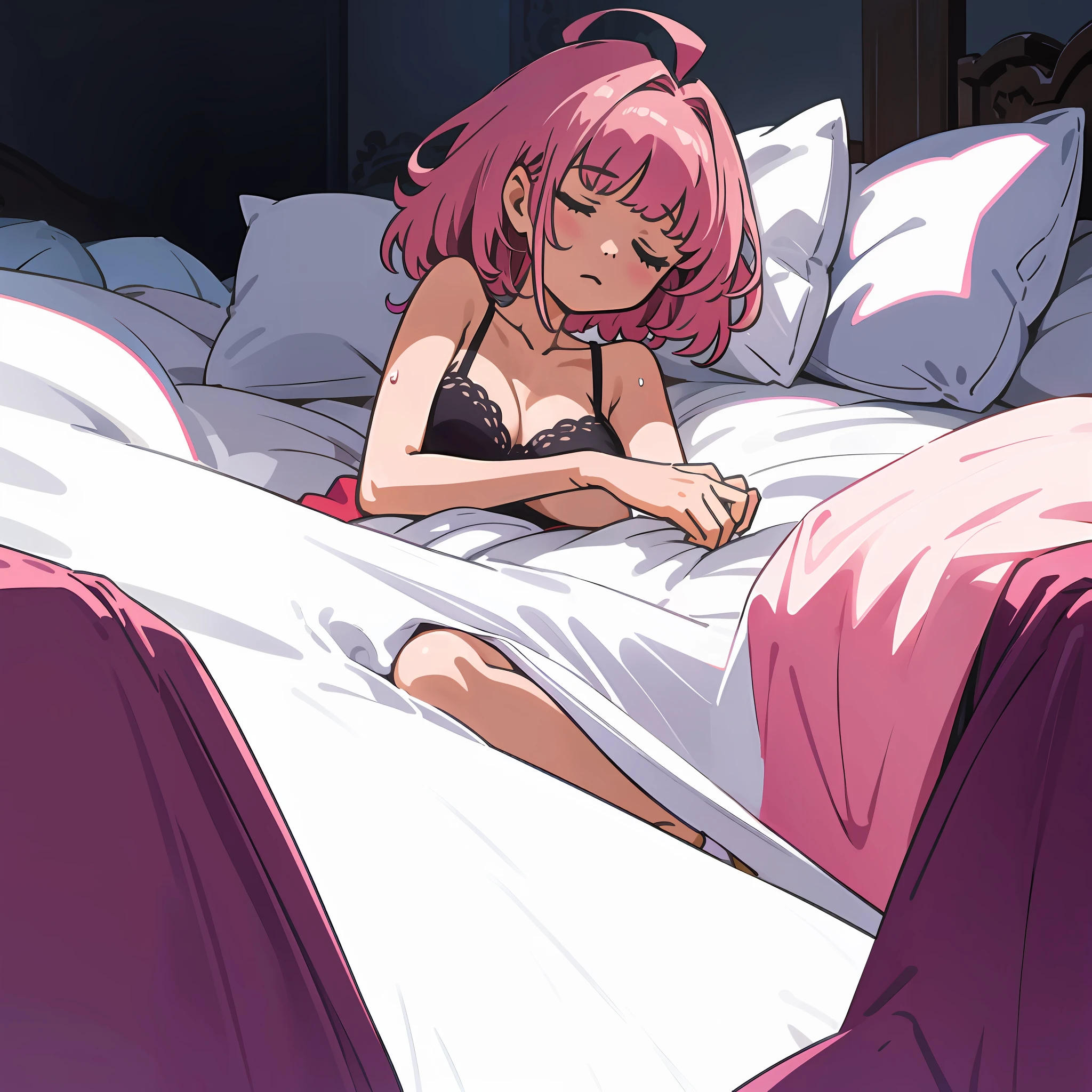 (best quality),(ultra-detailed), (disheveled hair:1.0), solo, , large breasts, beautiful pale pink hair, medium hair, spiked hair, asymmetrical bangs, (good sleep:1.5), (slovenly:1.5), face-to-face, on bed, indoors,cute bra, simple panties, sleeping, breasts apart, shiny skin, (sweaty:1.3),(nsfw:0.5), line, (fog:1.3), (spread legs:0.8), (spread arms:0.8),