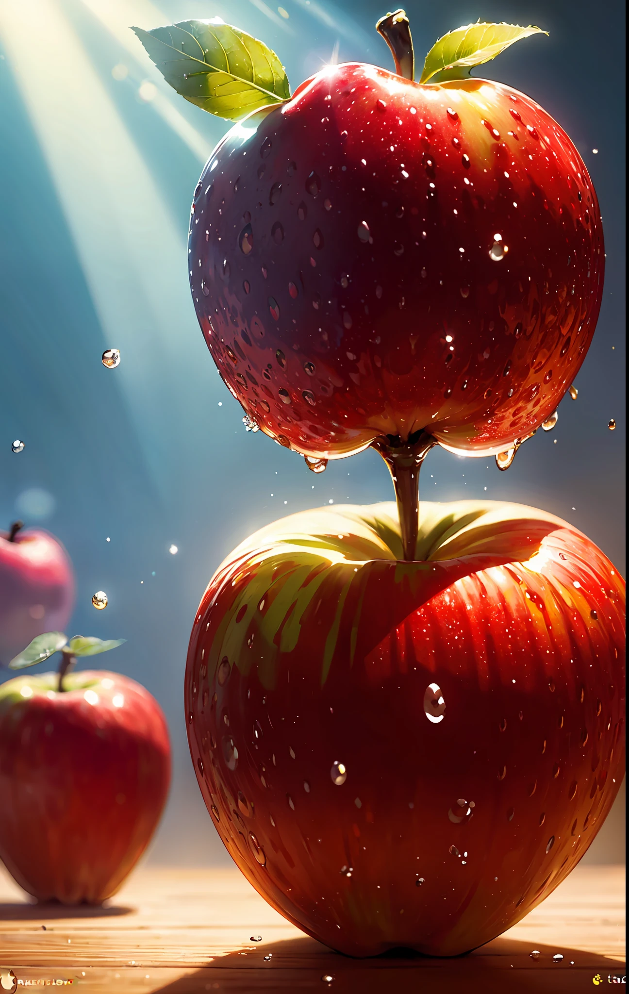 very cute appealing anthropomorphic Apple,looking at the viewer,big grin,happy,fruit,berry,droplets,macro,sunlight,fantasy art,dynamic composition,dramatic lighting,epic realistic,award winning illustration,