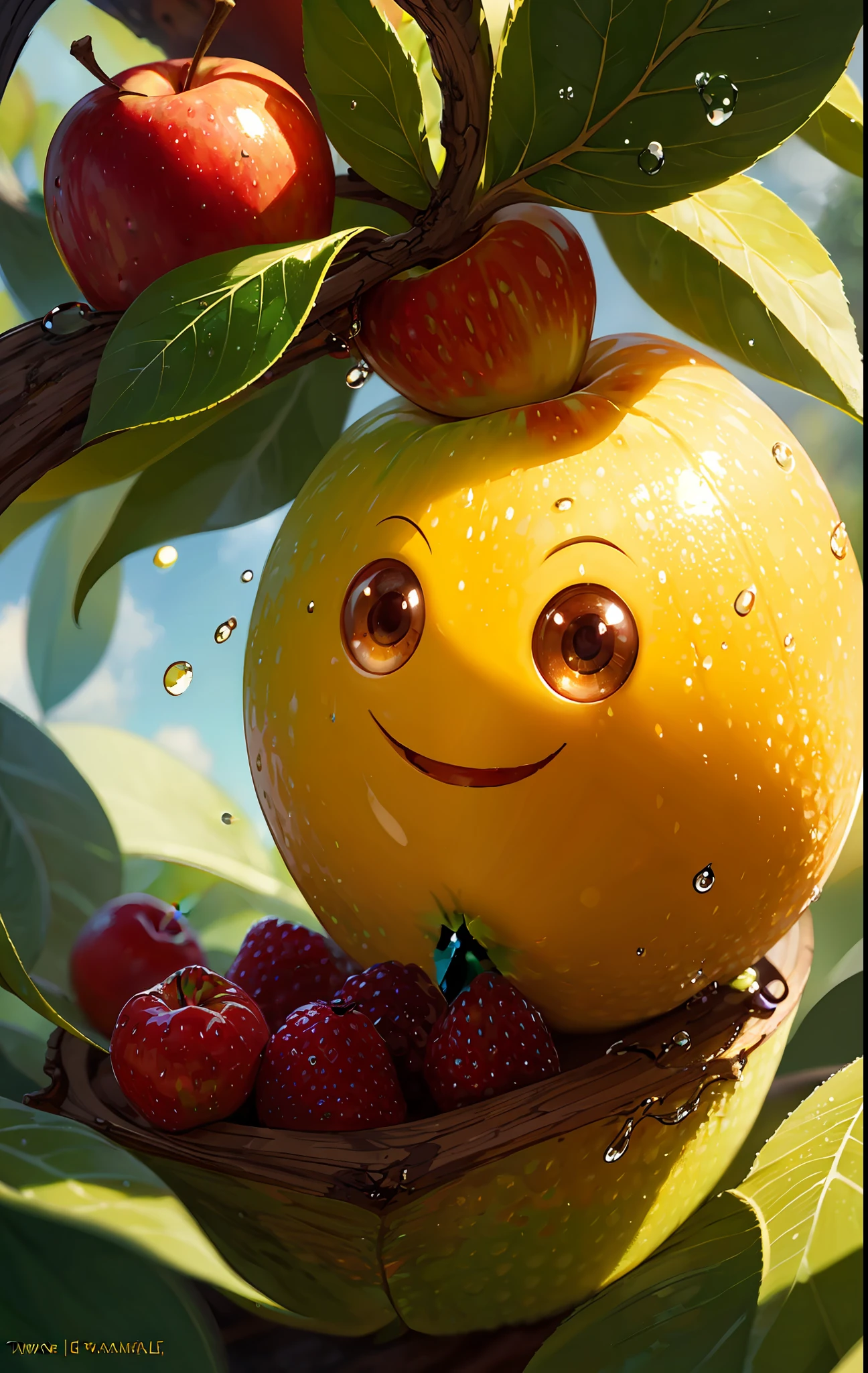 very cute appealing anthropomorphic Apple,looking at the viewer,big grin,happy,fruit,berry,droplets,macro,sunlight,fantasy art,dynamic composition,dramatic lighting,epic realistic,award winning illustration,