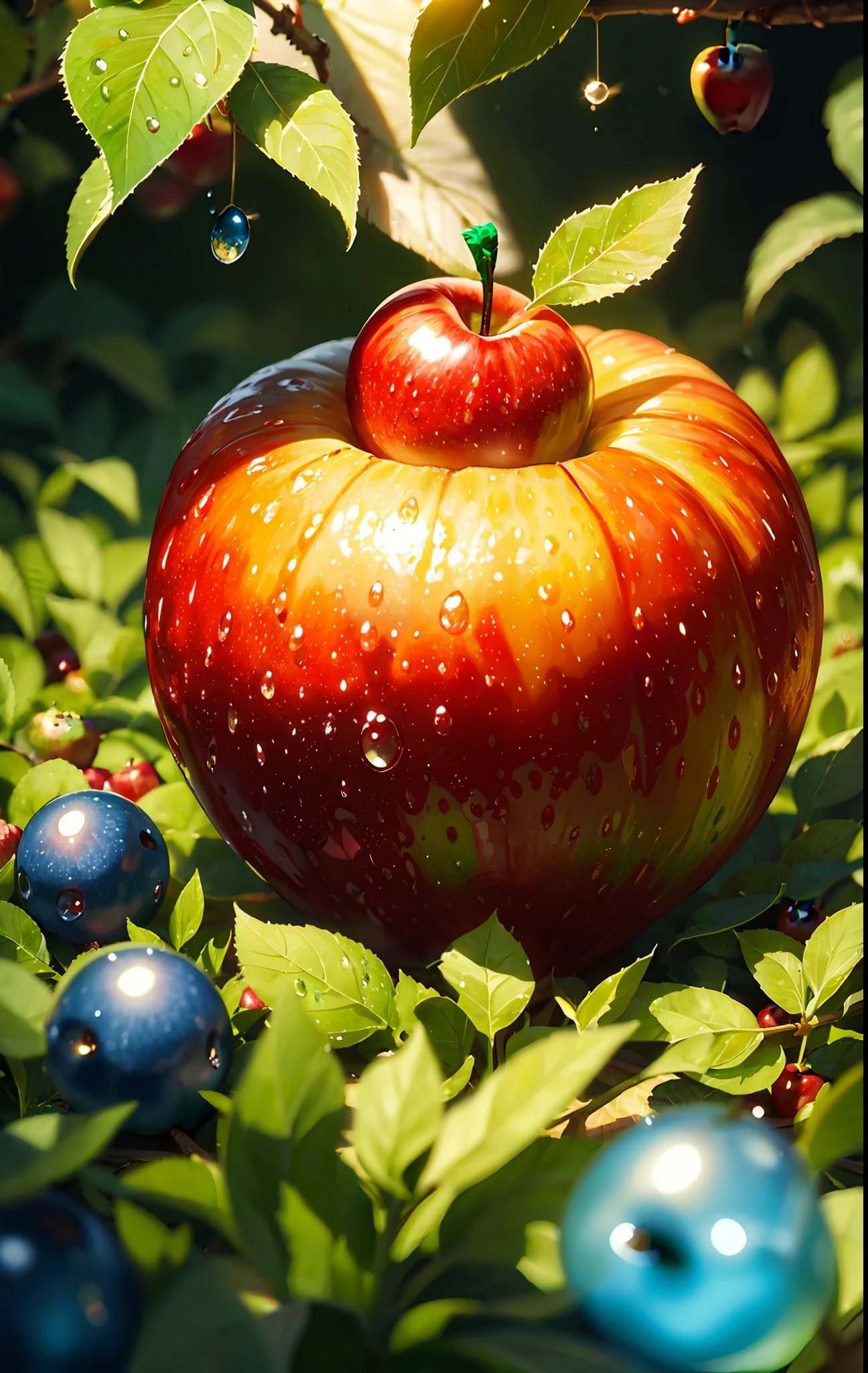 very cute appealing anthropomorphic Apple,looking at the viewer,big grin,happy,fruit,berry,droplets,macro,sunlight,fantasy art,dynamic composition,dramatic lighting,epic realistic,award winning illustration,