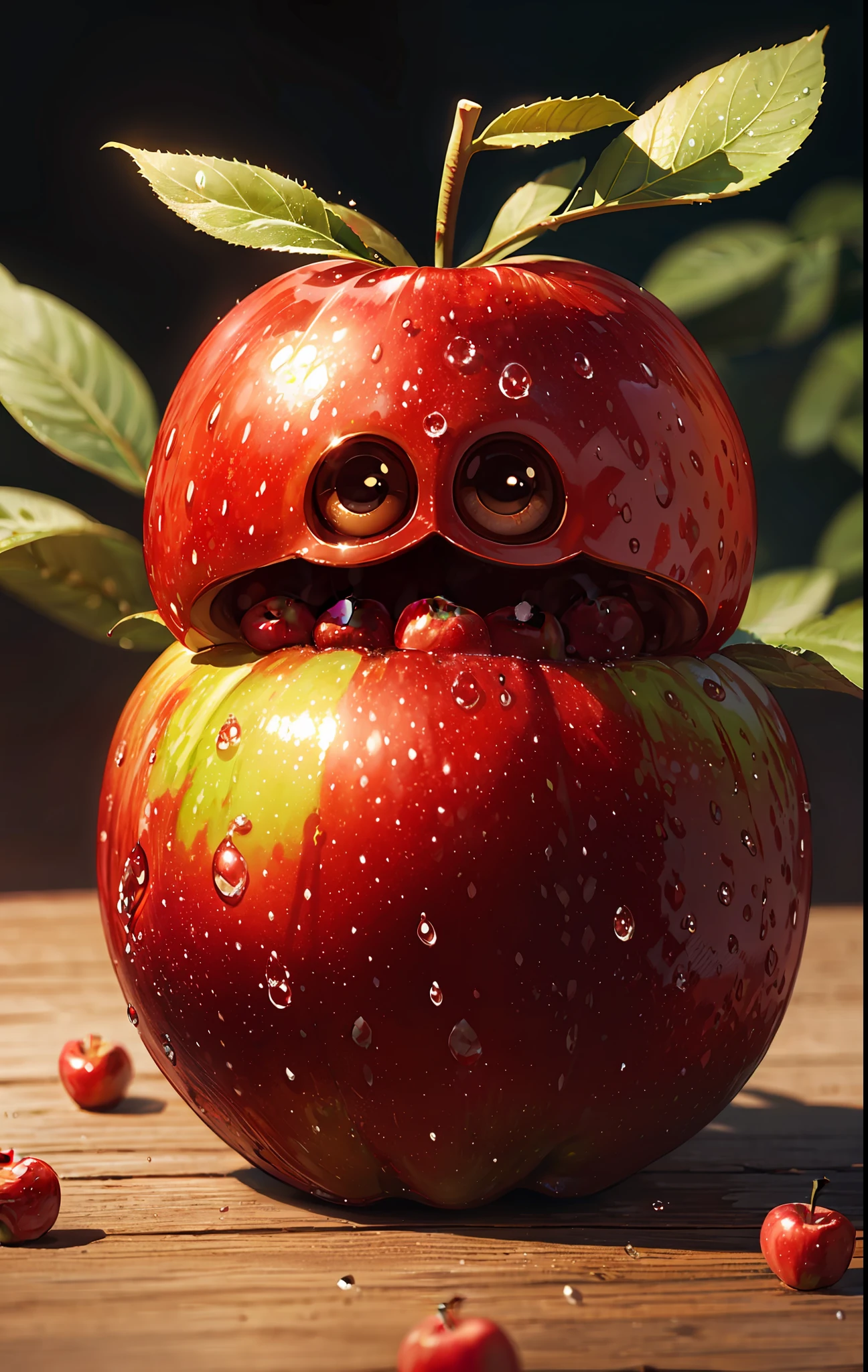 very cute appealing anthropomorphic Apple,looking at the viewer,big grin,happy,fruit,berry,droplets,macro,sunlight,fantasy art,dynamic composition,dramatic lighting,epic realistic,award winning illustration,