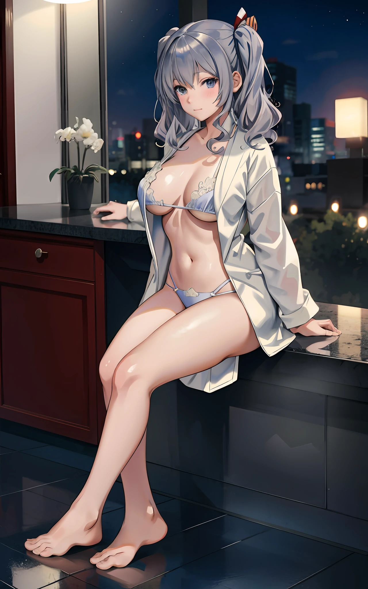 ((Anime girl with big posing in hotel bathroom)), (Night view))), (Twin tails)), (Wearing a bathrobe with the chest wide open))), ((Hands on the chest of the bathrobe))), ((Barefoot)), ((Perfect style)), ((No bra)), (Sheer bathrobe)), Seductive anime girl, best anime 4K wallpapers, perfect gray hair girl, charming anime girl, 4k anime wallpaper, 4k manga wallpaper,, detailed digital anime art, best girl of anime, beautiful anime girl, detailed anime artwork, beautiful charming anime woman