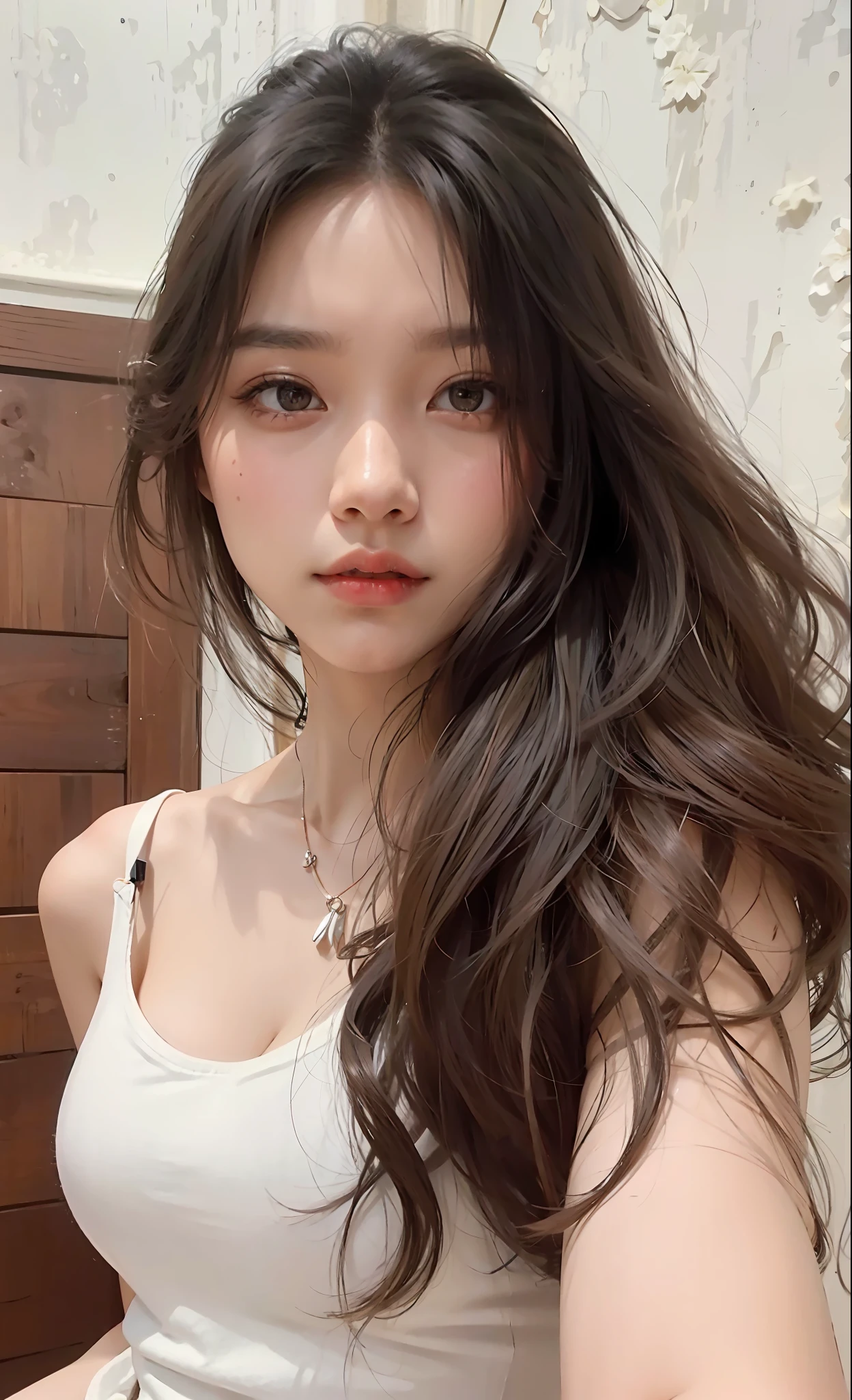 a close up of a woman with long hair wearing a white tank top, 1 8 yo, mai anh tran, 19-year-old girl, profile pic, dang my linh, profile photo, 18 years old, 2 2 years old, 2 3 years old, 2 7 years old, 21 years old, 2 8 years old, 8k, Cleavage, big tits, round boobs fore