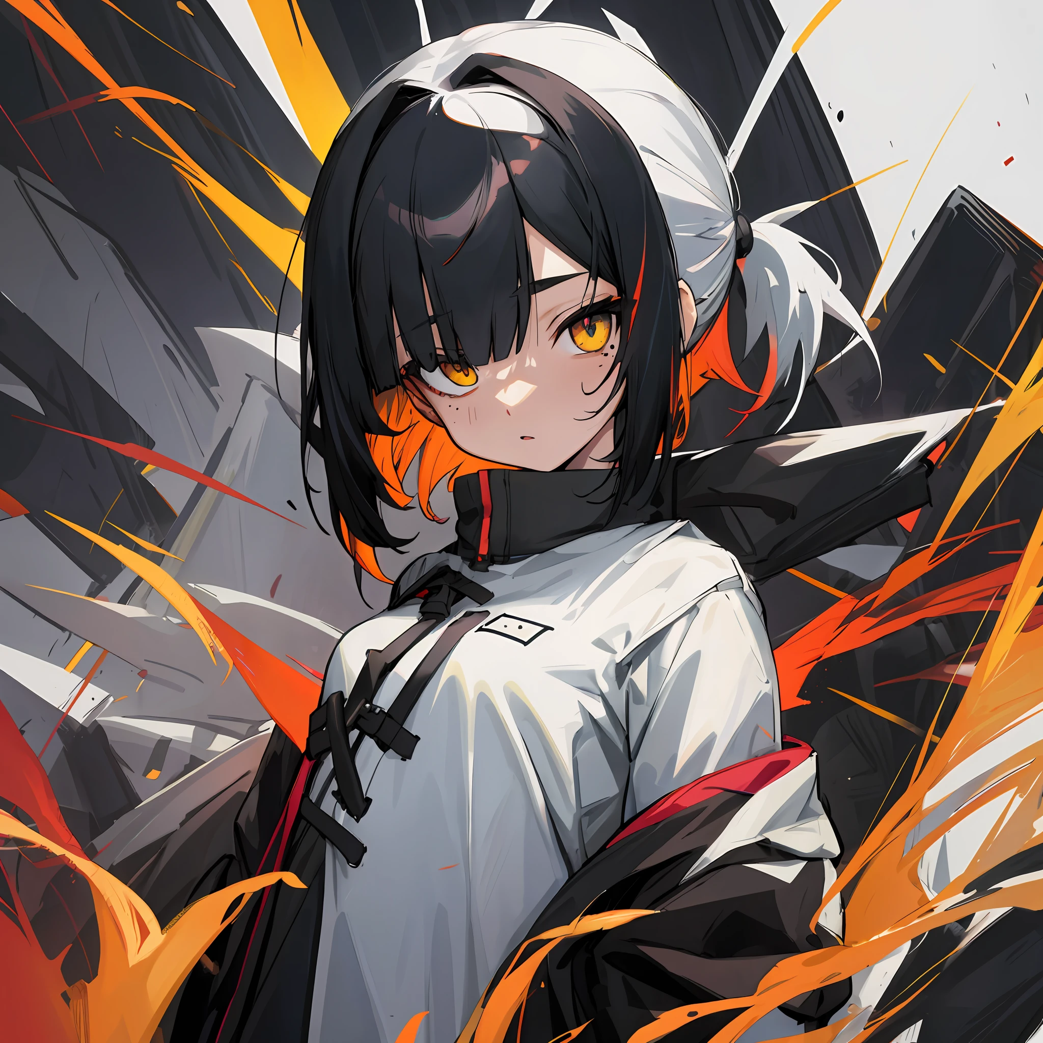 small_breasts, black_hair_with_white_hair_streak, side_up_ponytail, li, black_jacket, white_shirt, suits, arms_behind_back, best_quaility, looking_at_viewer, 1girl, upper_body, multicolored_hair, multicolored_eye, mole, hair_over_left_eye, yellow_eyes, multicolored_eyes, ultra_quality
