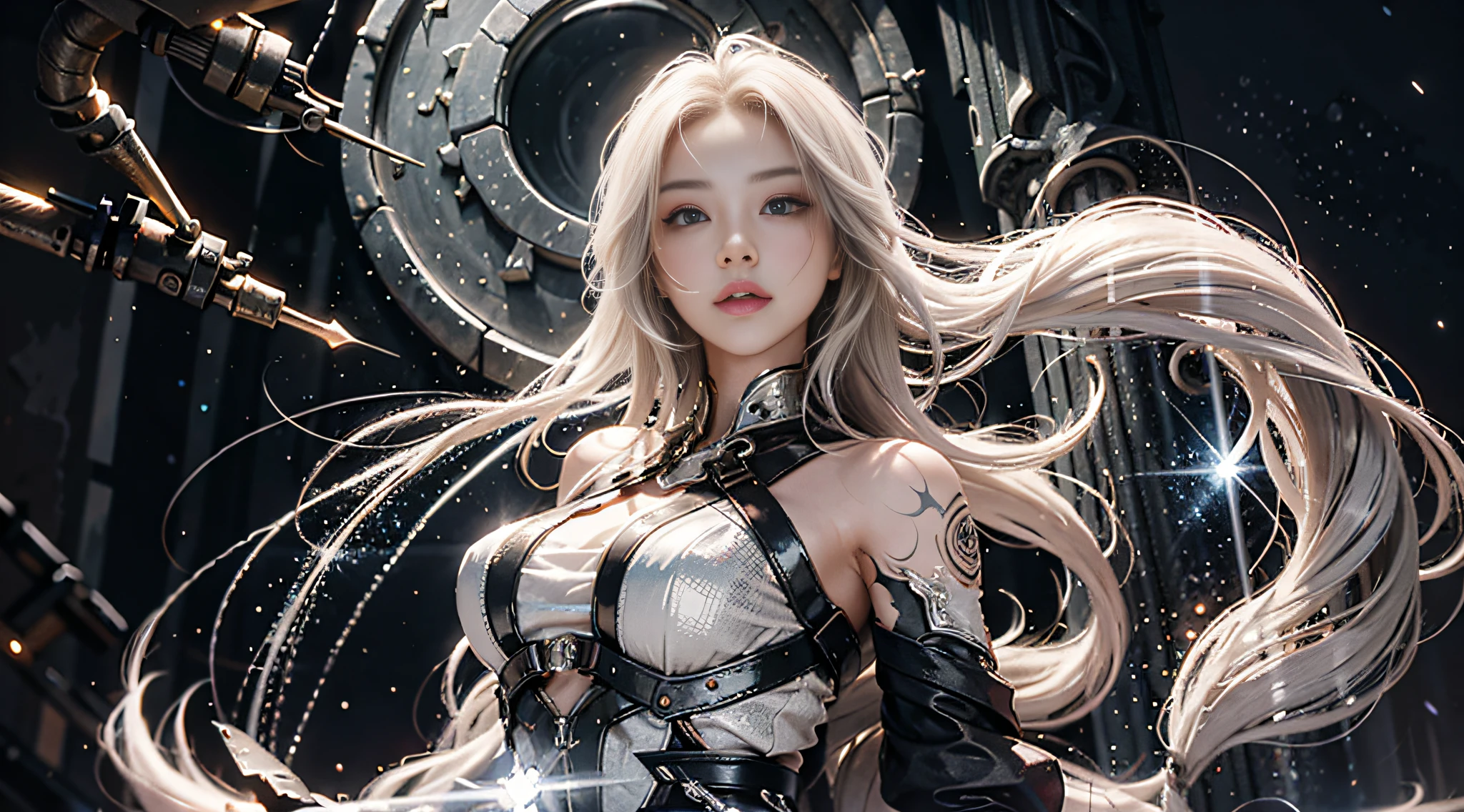 BREAK, 1girl, solo, looking at viewer, flat bangs, (young cute beautiful 18-year-old girl:1.1), 3d face, beautiful girl, pretty, girlface, kpop idol, supermodel, woman posing for a photo, stunning innocent symmetry face, perfect body, medium breast, slim waist, slim legs, (high detailed skin:1.2), glowing eyes, goddess, natural skin texture, shiny skin, White skin, Beautiful detailed face, detailed face, real skin texture, cute delicate face, finely detailed face, golden ratio, golden ratio face, expressive eyes, perfect face, perfect skin, flawless face, clear face, shiny hair, pale skin, Proper body proportion, perfect anatomy, realistic skin texture, luscious lips, glossy lips, natural makeup, beautiful bright pupils, slender figure, intricate eyes, detailed pupils, detailed face and eyes, longeyelashes, blush, good hand, finely detailed skin, oily skin, BREAK, ((((ember, battlefield, volumetric fog, grey mist, (white long hair:1.4), (ecstasy of silk:1.1), spider web, (chain:1.1), (On a dark moonlit night:1.6), (in a spooky ancient dungeon:1.2), in a heavily guarded cage, moonlight shines in through a small window, (In the center of the picture is a female assassin struggling to break free from the shackles:1.4), (She breaks the thick iron chain with amazing strength:1.3), (Werewolf soldiers guarding the prison came from all directions with weapons:1.5), (Destroyed buildings:1.2), (ruined walls:1.1), (scars:1.3), claw marks, (flames splashing:1.3), (werewolf's huge claws, wolf eyes with green light:1.2), (A pack of wolves surrounded her:1.6), full of murderous, fighting state, (blood moon:1.4), chilling atmosphere, flames, cobwebs, candles, (torture tools:1.1), (floating colorful sparkles:1.2), (energy beams:1.3), cyberpunk neon light, volcano, (lava:1.1), Doomsday atmosphere, flames soaring into the sky, candlelight, desperate and helpless prisoners, jail, prison, East Asian architecture, ancient China, skeletons, horror , chilling, bloody, huge warfare battle scene, epic clash, two armies, battle scene, epic battle, war)))), BREAK, (PureErosFace_V1:0.5), (ulzzang-6500:0.5), filmg, zhongfenghua, (kbxll:0.6),