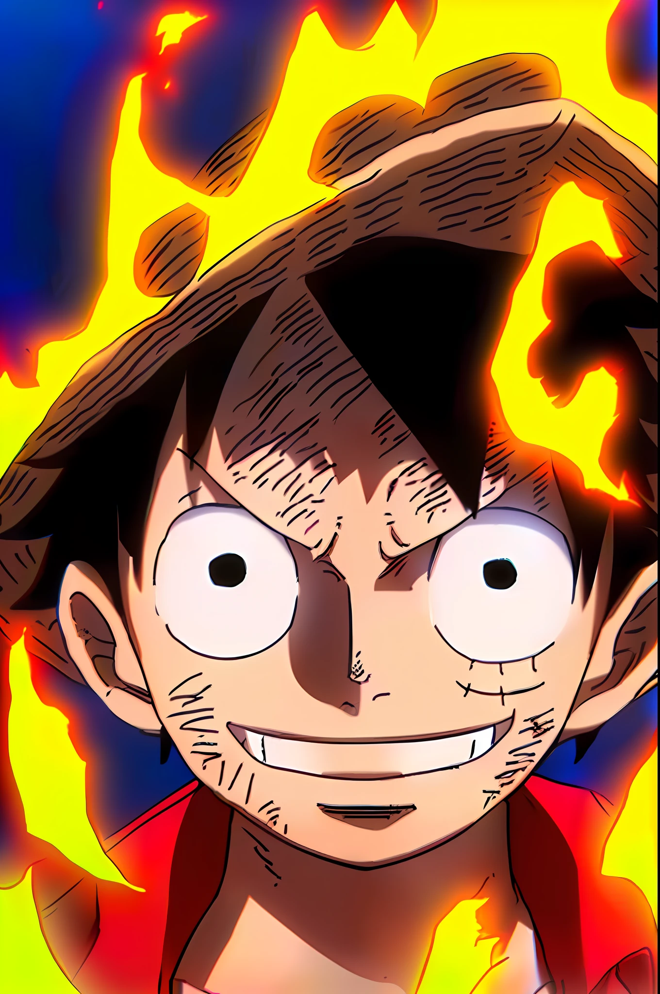 1boy, wanostyle, monkey d luffy, smiling, straw hat, looking at viewer, solo, upper body, ((masterpiece)), (best quality), (extremely detailed), depth of field, sketch, dark intense shadows, sharp focus, soft lighting, hdr, colorful, good composition, fire all around, spectacular, closed shirt, anime screencap, scar under eye, ready to fight, black eyes