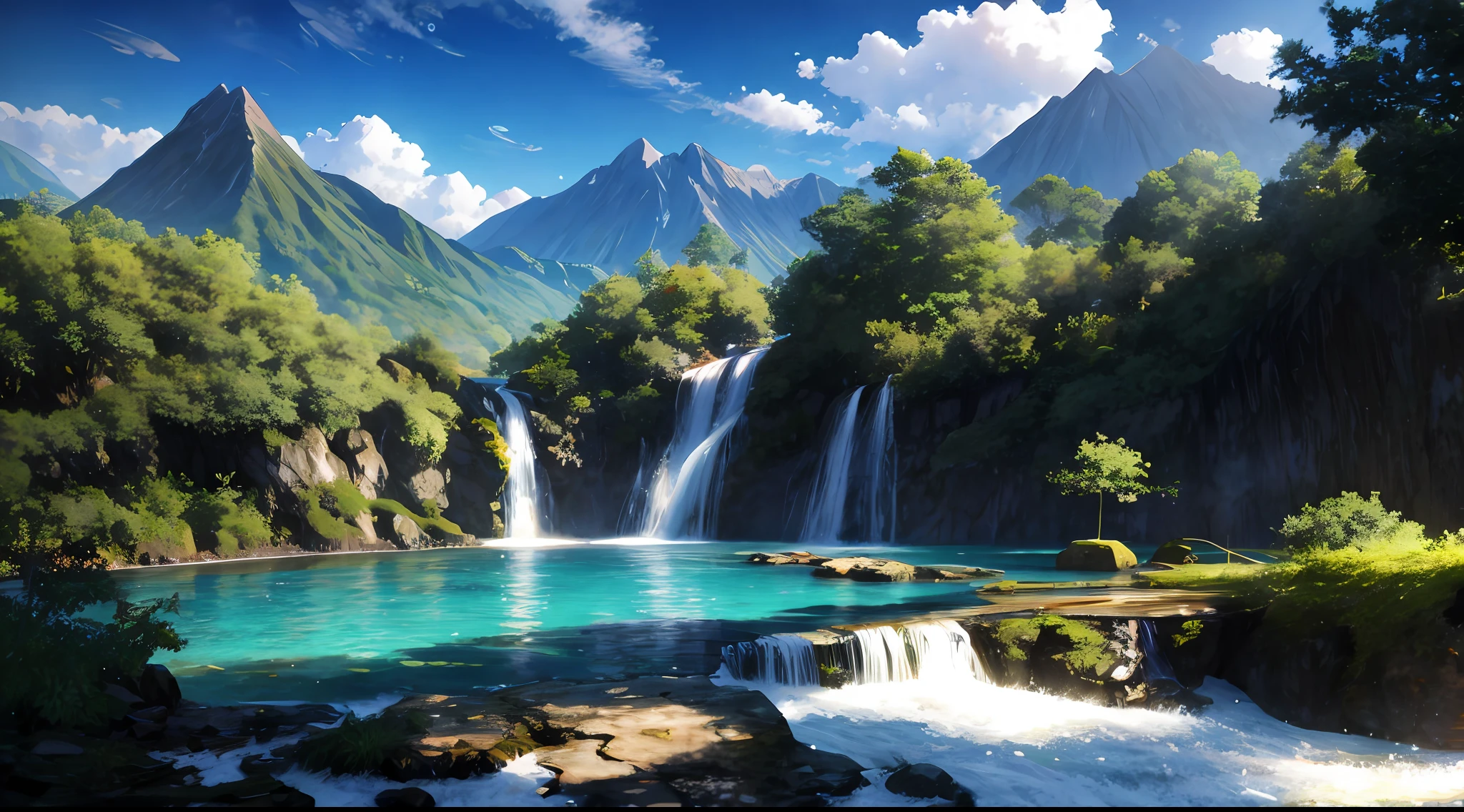 ConceptArt, no humans, scenery, day, tree, cloud, outdoors, nature, blue sky, mountain stream, bamboo forest