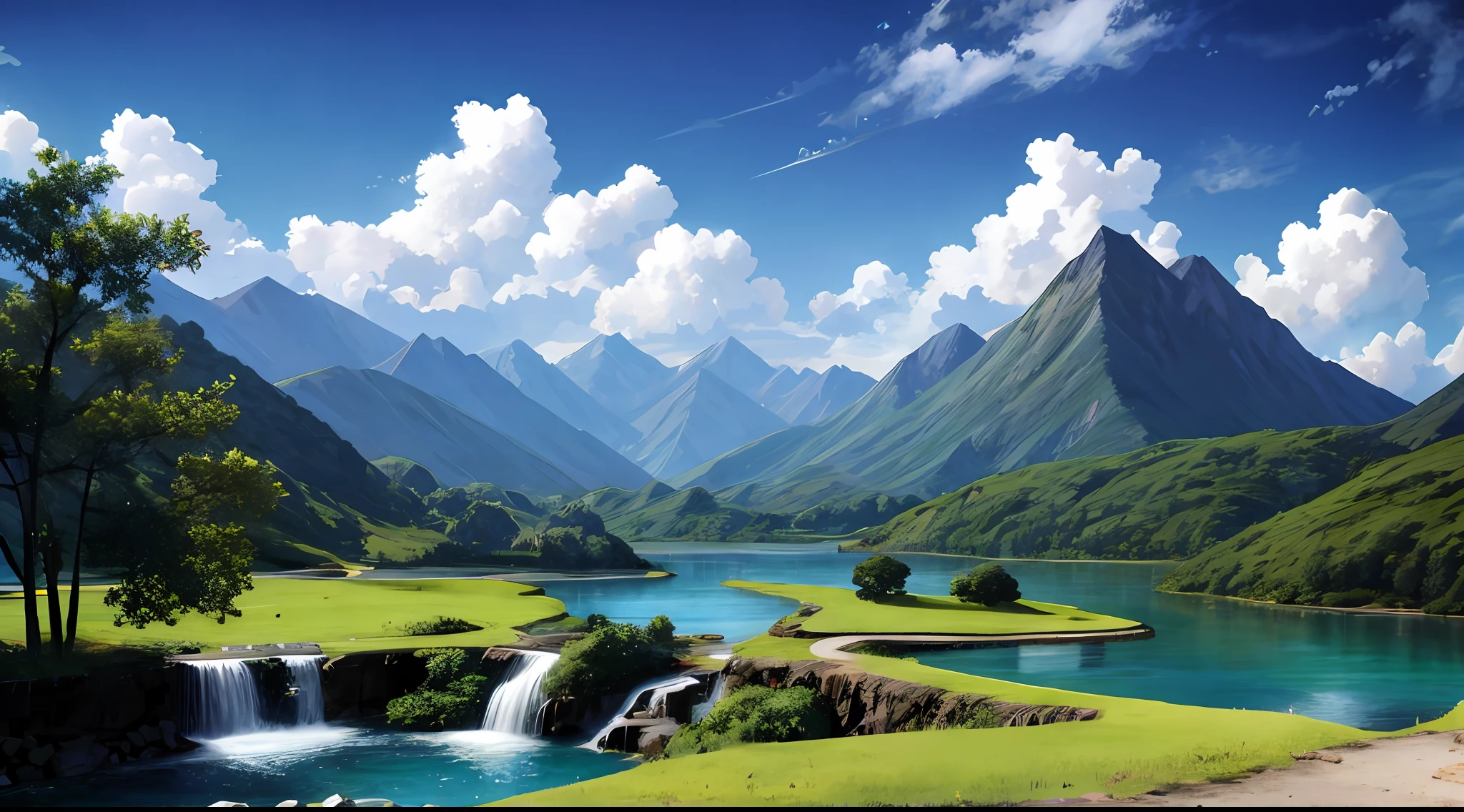 ConceptArt, no humans, scenery, day, tree, cloud, outdoors, nature, blue sky, mountain stream, bamboo forest