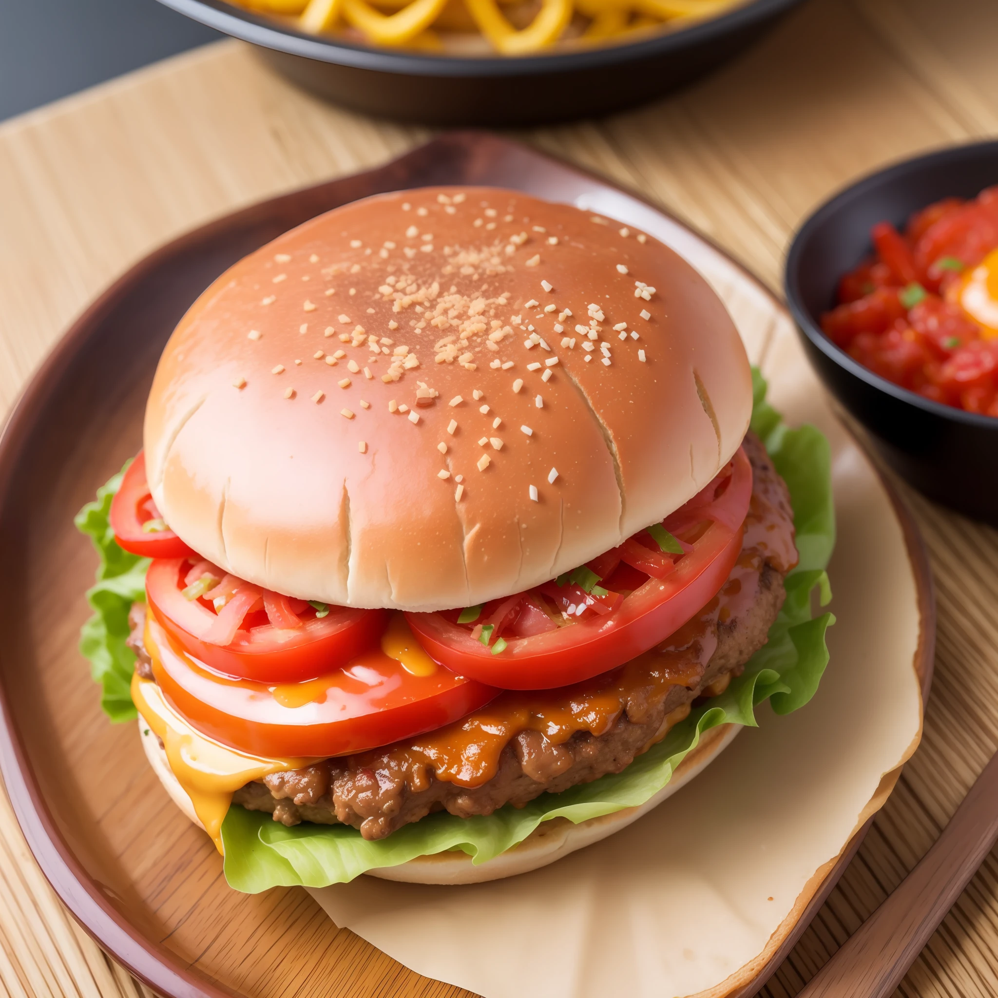 Hamburger with tomato, melted cheese, bacon, pickle. Photorealistic, hyperdetailed, high quality, 8k