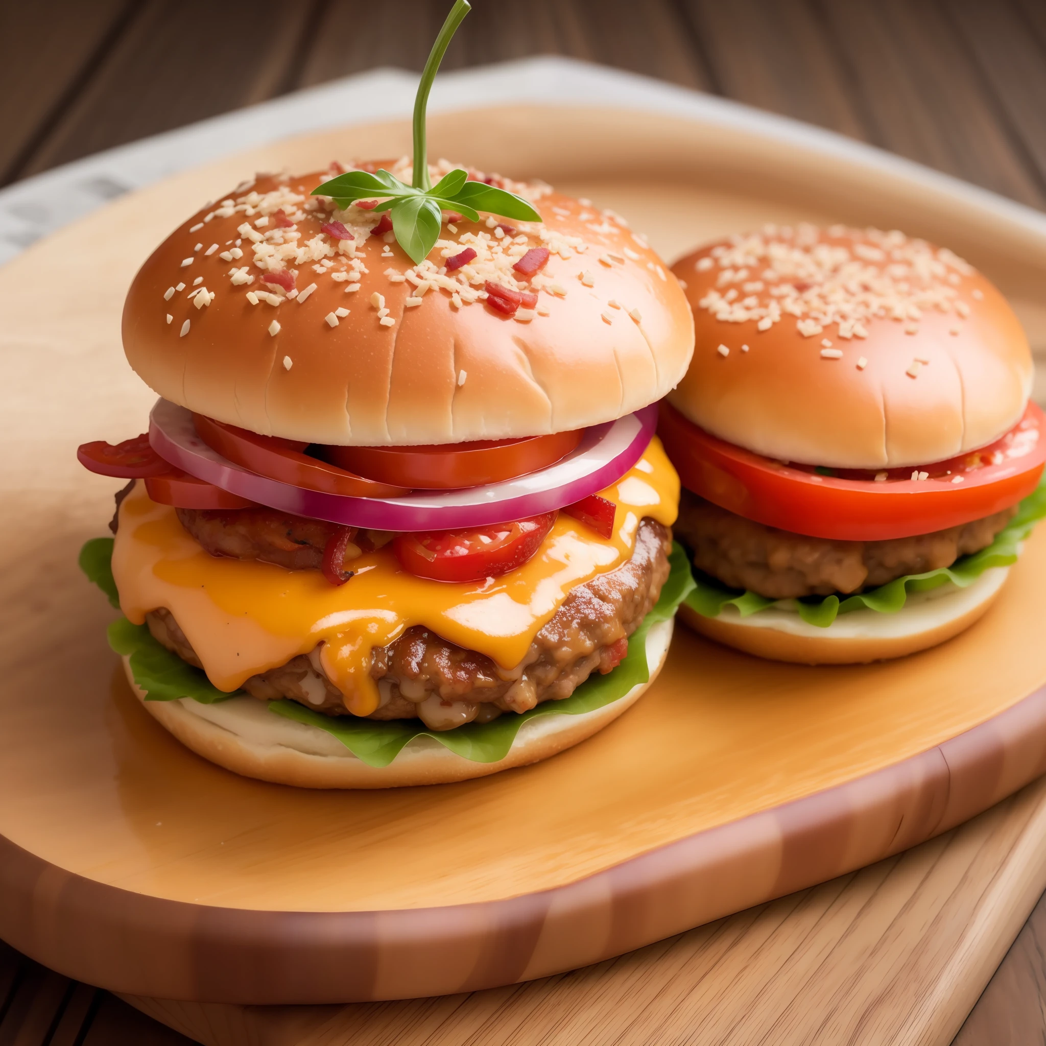 Hamburger with tomato, melted cheese, bacon, pickle. Photorealistic, hyperdetailed, high quality, 8k