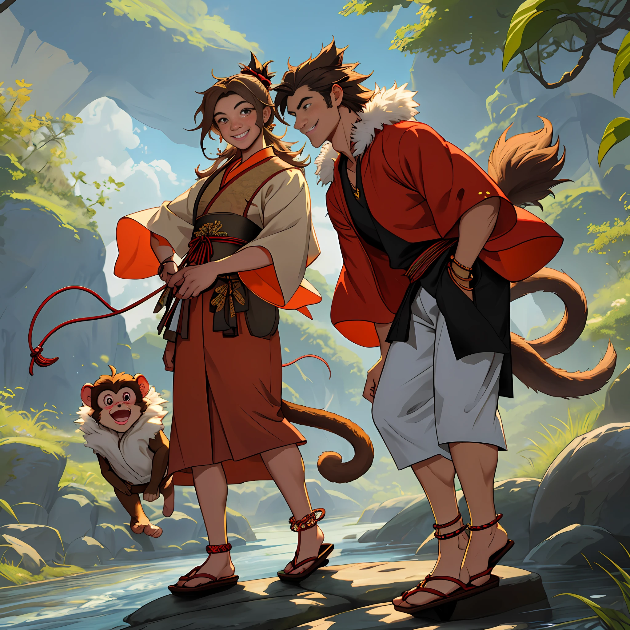 JW3, Monkey Guiding Directions, Brown Fur, Karaoke Clothes, Lead, Body Fur,(Full Body:1.1), Perfect Lighting, (Masterpiece), (Super Detail), Eye God, Blushing, Smile, , Geta, High Nose Like a Tengu, Tail, Long Dress,Anklet, Cane, Ise, Riverbank, God, Map, Dynamic Angle, UHD,BREAK,aoeu,