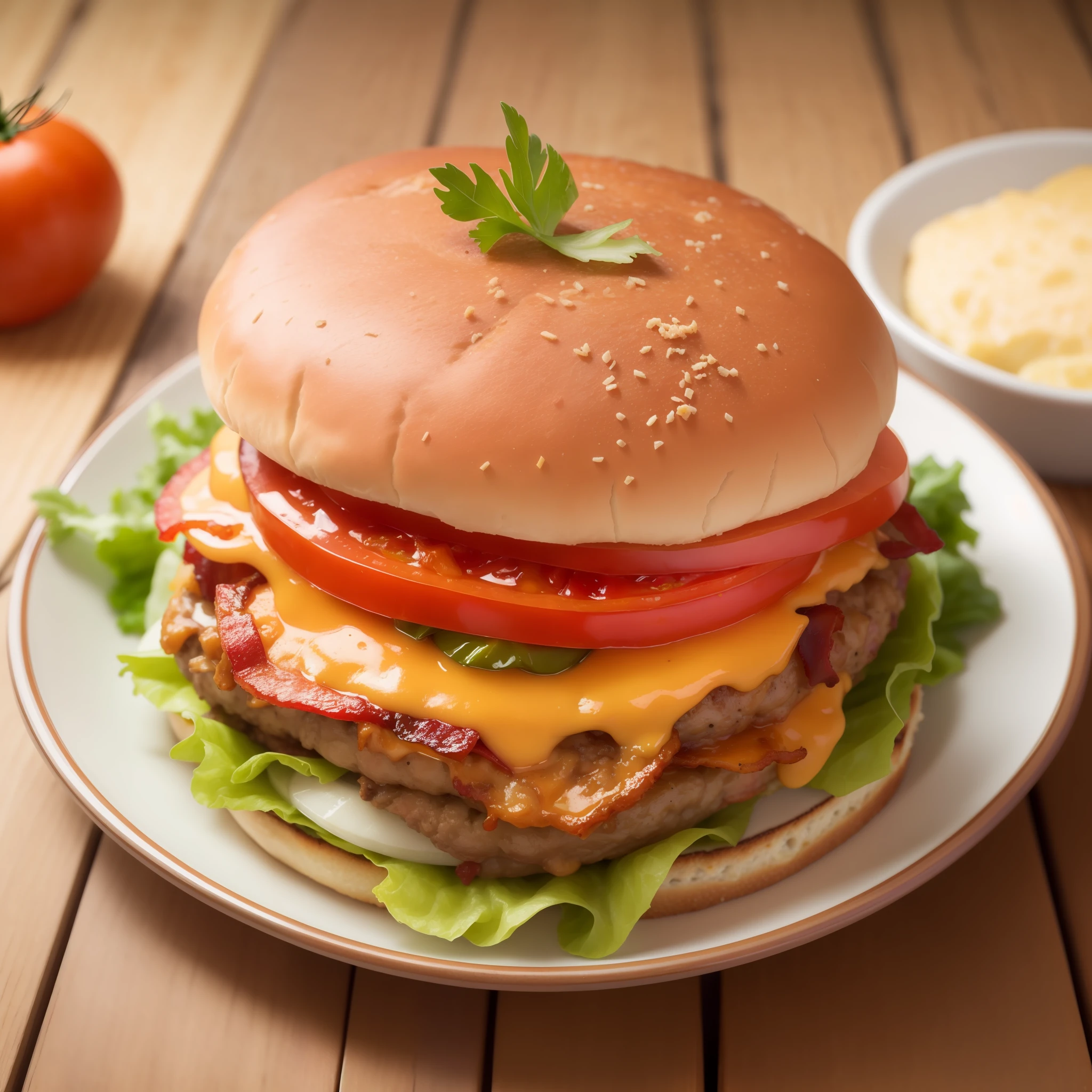 Hamburger with tomato, melted cheese, bacon, pickle. Photorealistic, hyperdetailed, high quality, 8k
