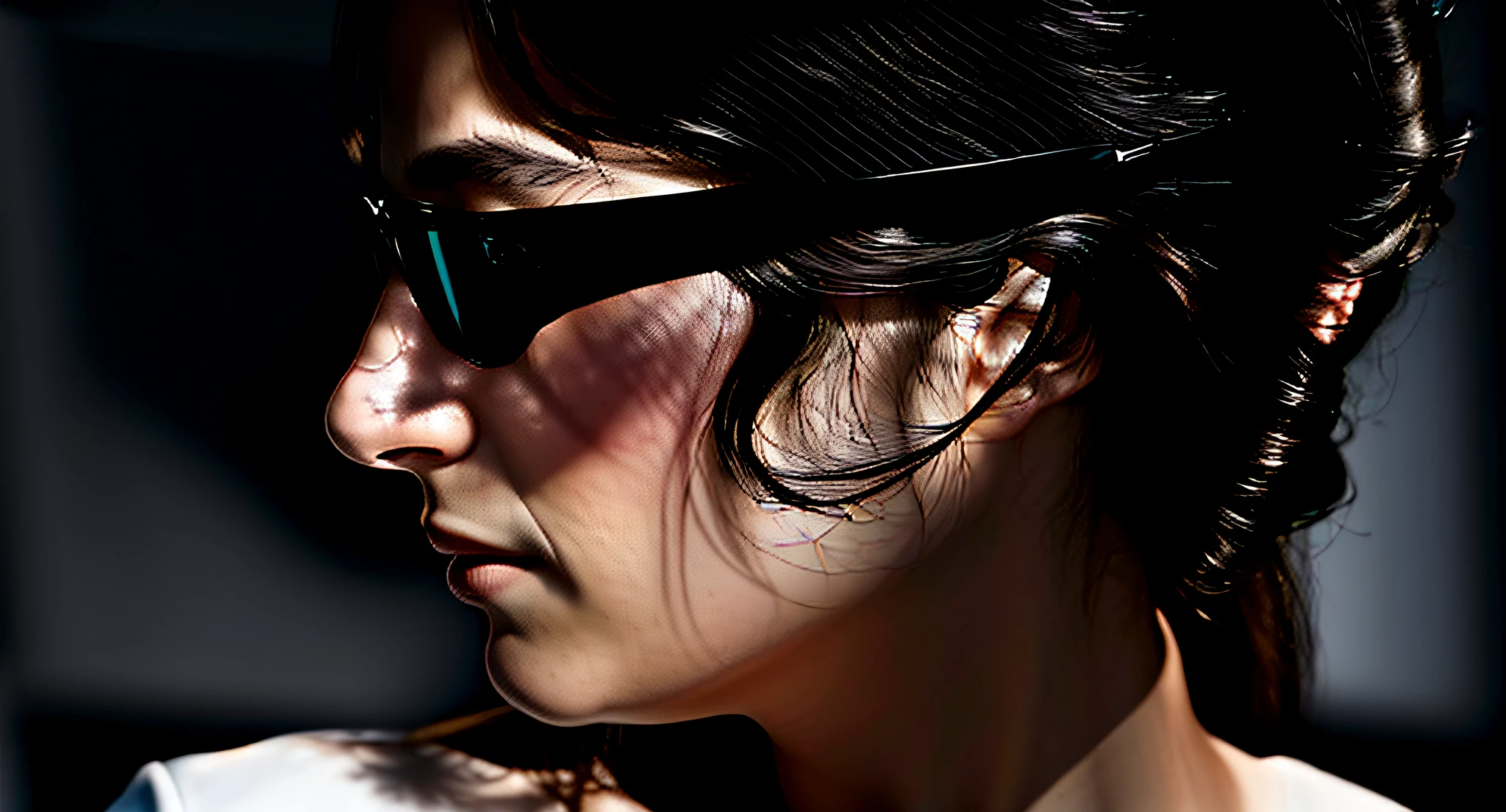 (Very realistic composition as in the original image:1.5), Woman with glasses looking to the right, (Perfect reproduction including light and shadow of white clothing around the neck and over the shoulders.:1.2), 1woman, (Reproduction of two thin moles on the cheeks of the face under the sunglasses as they are in the original photo: 1.7), (no earrings: 1.7), using LoRA from the ICBINP model and Zeiss lens style to convert a black and white photo into a high-resolution, realistic color image. We aim to create a complete close-up portrait shot with an emphasis on reproducing the texture of the film when it is photographed and the natural shades of women's skin and hair.