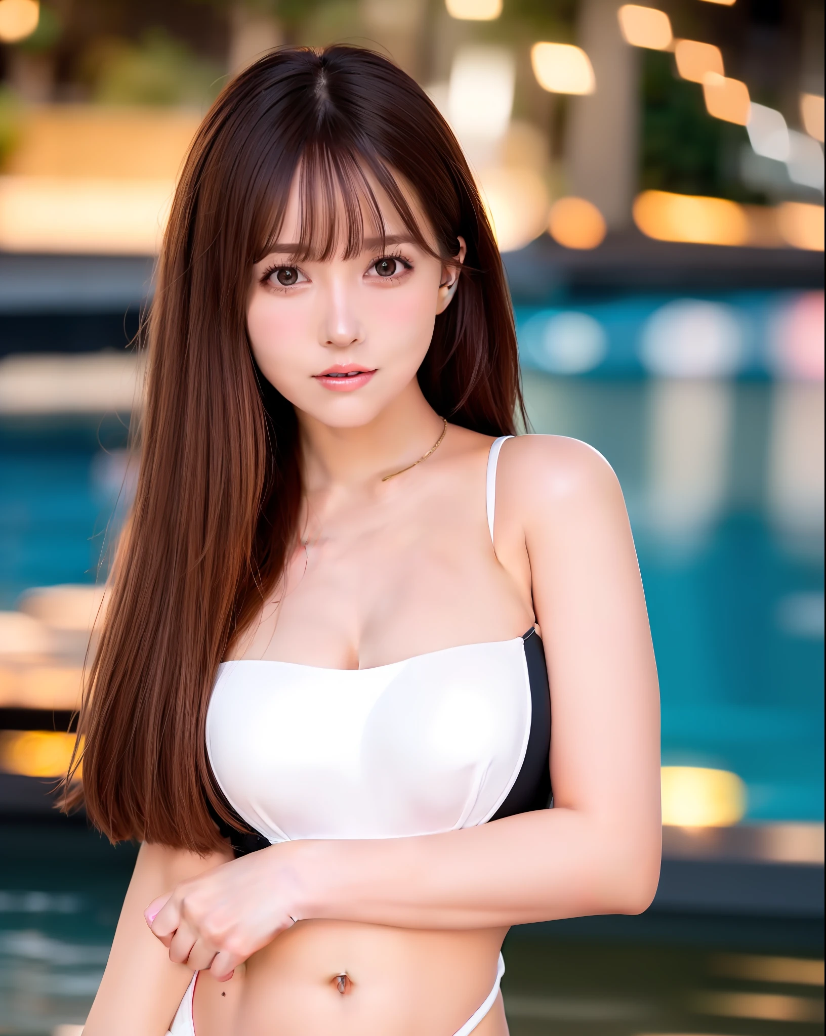 Top Quality, Photorealistic, 8K, High Definition, (1 Girl), (Female)), Colossal, (((Thin Waist))),Brunette,Mole,Bangs,Short Hair,Mouth Closed, (One Piece Swimsuit: 1.5), (Look at Viewer)), (Look at Camera),(Professional Lighting, Bokeh)), (Poolside)))), (Portrait: 0.6), Gorgeous, ( Dynamic Pose: 1.2),