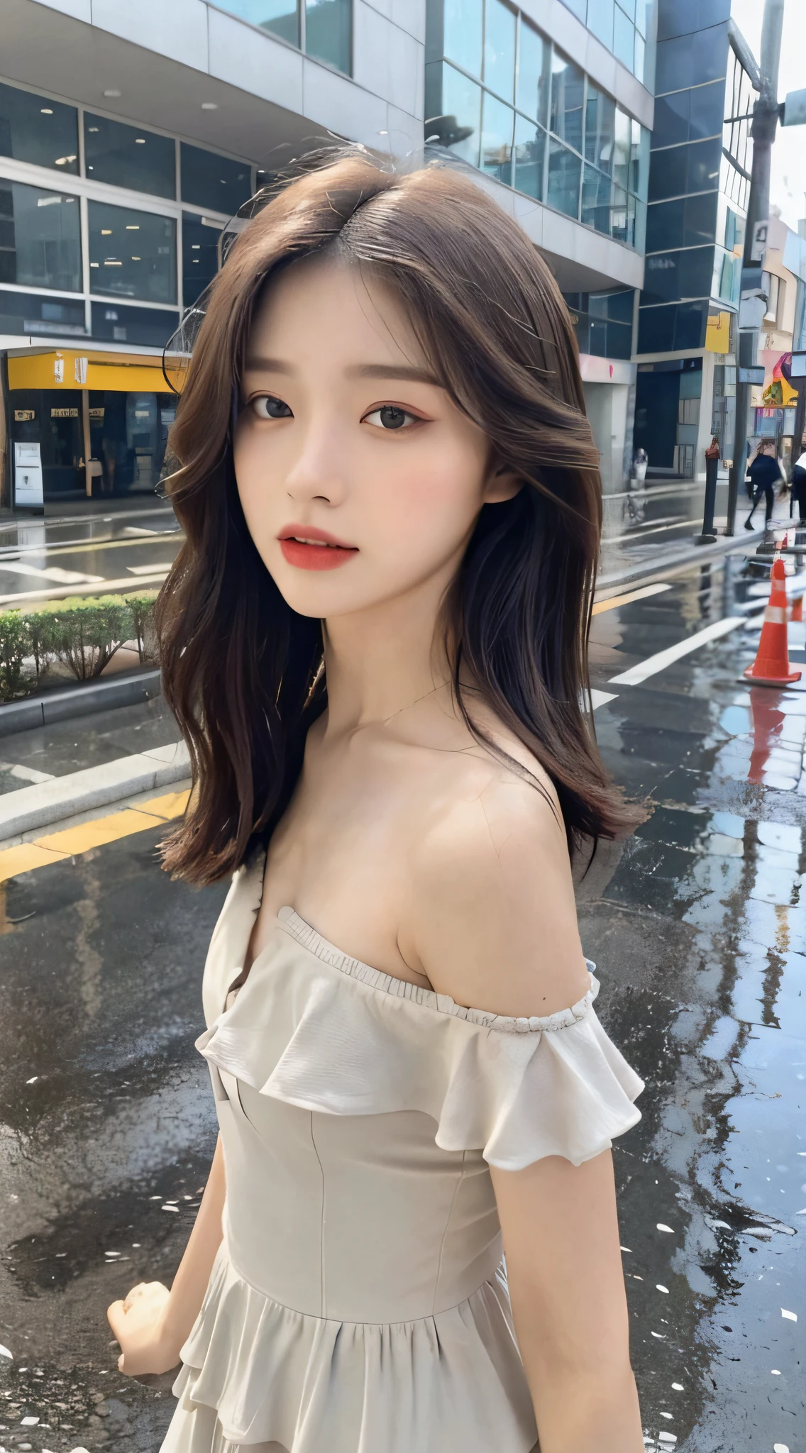 ((Best Quality, 8k, Masterpiece: 1.3)), Focus: 1.2, Perfect Body Beauty: 1.4, Buttocks: 1.2, ((Layered Haircut, Flat Chest: 1.2)), (Rain, Street:1.3), Bandeau Dress: 1.1, Highly Detailed Face and Skin Texture, Fine Eyes, Double Eyelids, Whitened Skin, Long Hair, (Shut Up: 1.3), Full Body