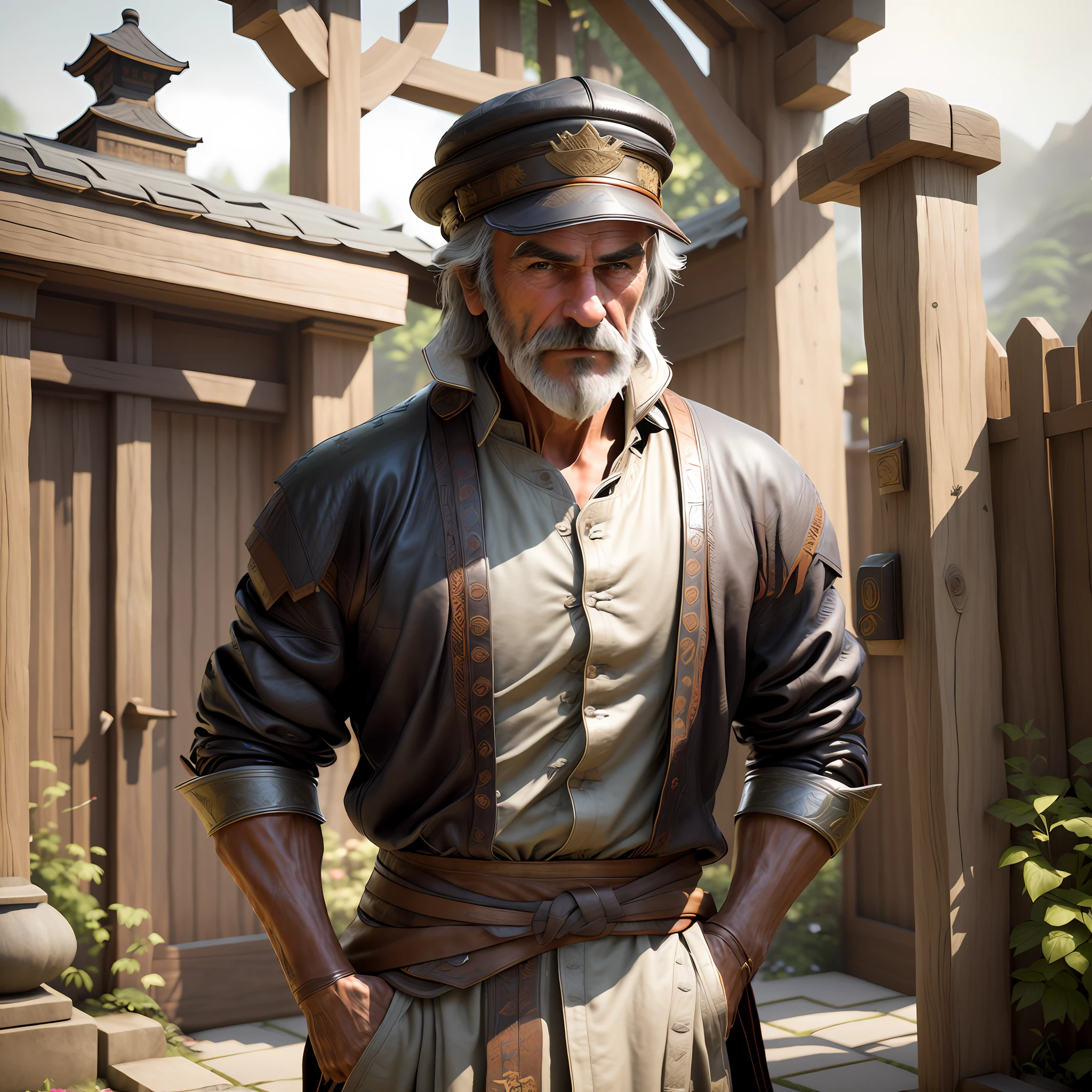 There is a man in a hat and leather jacket in an old samurai uniform, with Sean Connery playing the big boss, the little man. Unreal Engine 5, Blacksmith's Costume, Unreal Engine Character Art, Created in Unreal Engine 5, Fantasy Style 8 k Octane Rendering, Samurai Costume, Rendered in Unreal Engine 5, rendered in 8 K Unreal Engine, holding a woman