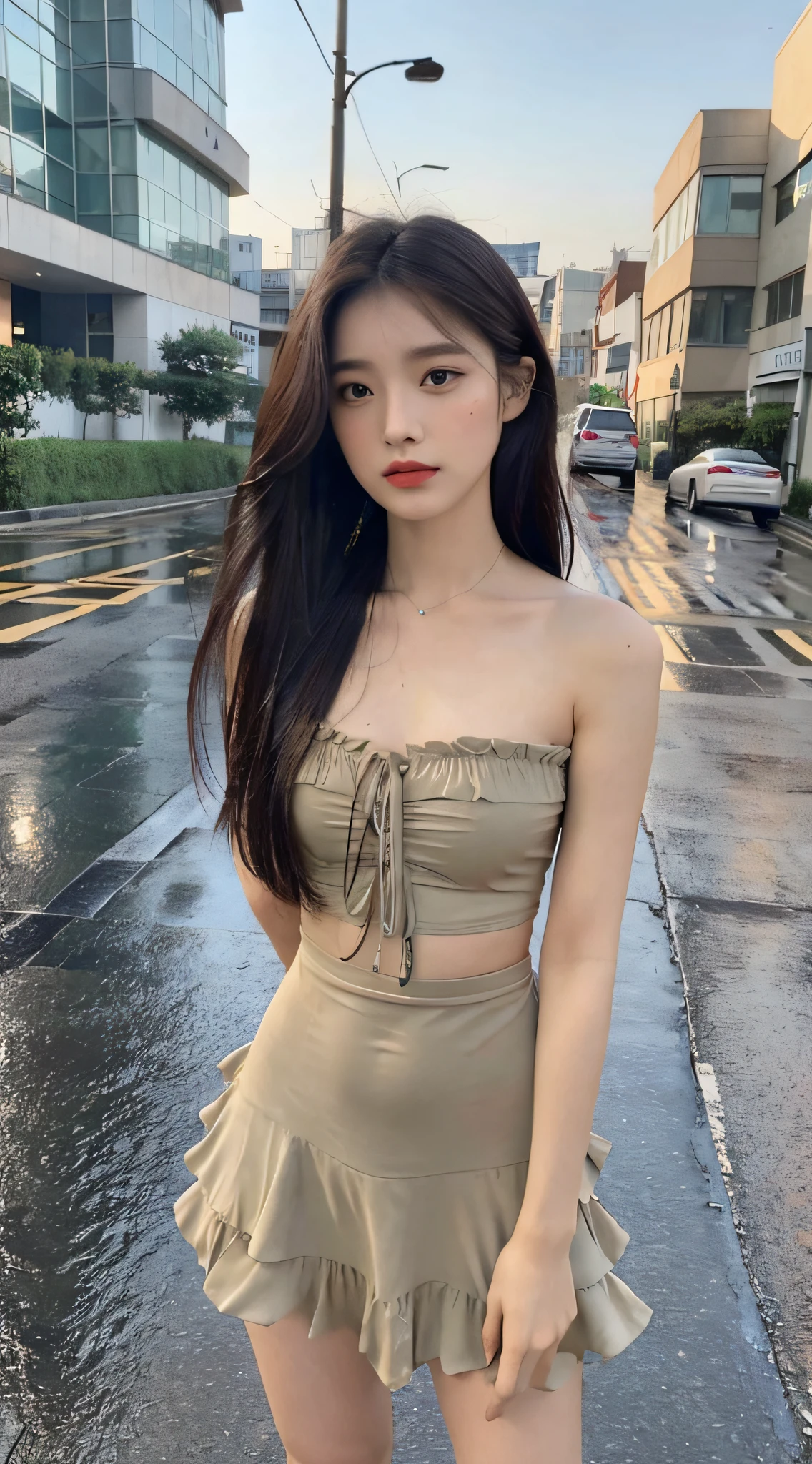 ((Best Quality, 8k, Masterpiece: 1.3)), Focus: 1.2, Perfect Body Beauty: 1.4, Buttocks: 1.2, ((Layered Haircut, Flat Chest: 1.2)), (Rain, Street:1.3), Bandeau Dress: 1.1, Highly Detailed Face and Skin Texture, Fine Eyes, Double Eyelids, Whitened Skin, Long Hair, (Shut Up: 1.3), Full Body