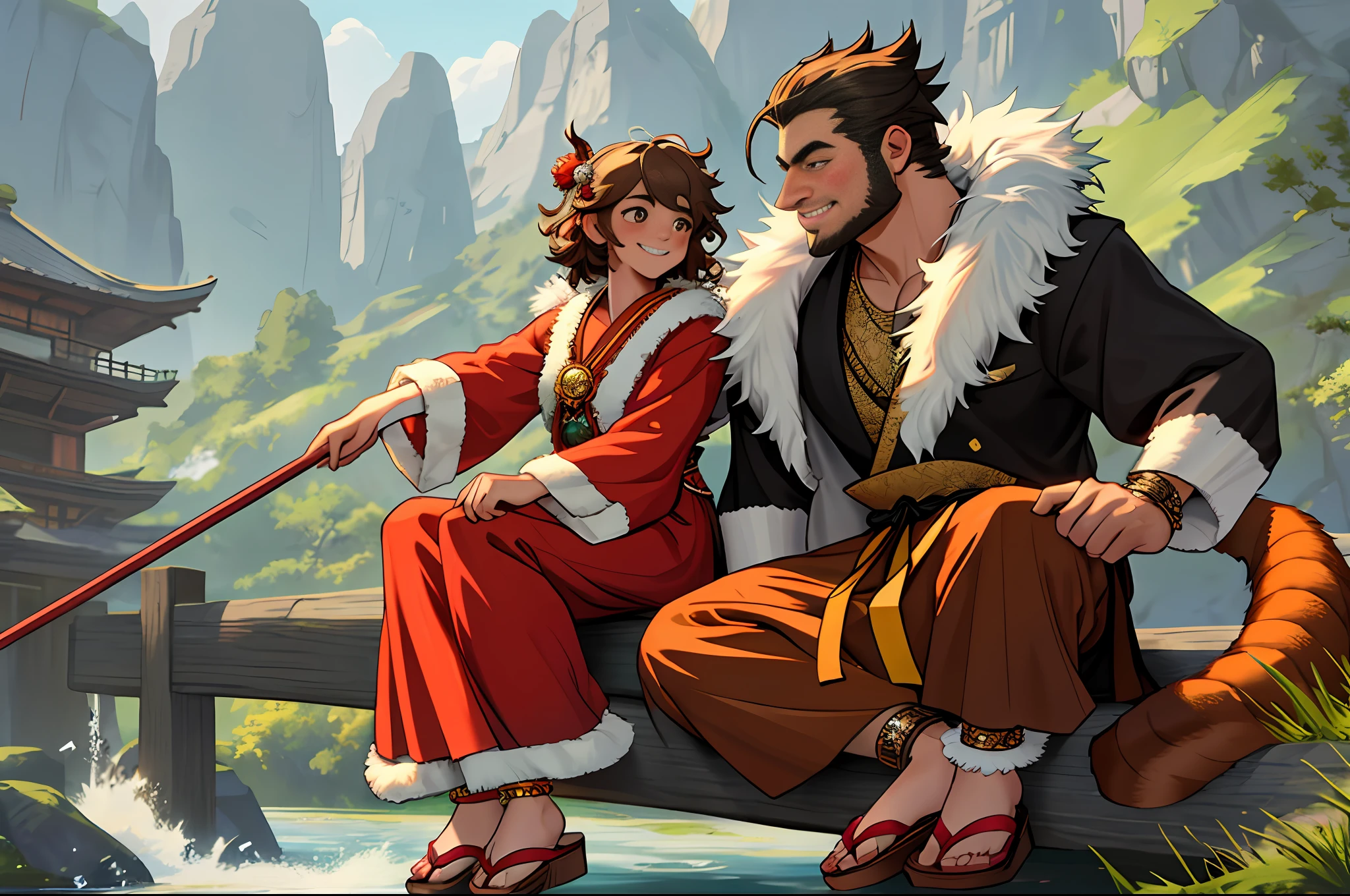 (1 Boy:1.4), JW3, Monkey Guiding Goddess, (Fur:1.5), Brown Fur, Karaoke Cloth, Body Fur, (Thick Thighs:0.5), (Full Body:1.1), Perfect Lighting, (Masterpiece), (Super Detail), Eye God, Blushing, Smile, Open Clothes, Geta, High Nose Like Tengu, Tail,Long Dress,Anklet, Cane, Ise, Riverbank, God, Map, Dynamic Angle, UHD, BREAK,aoeu,
