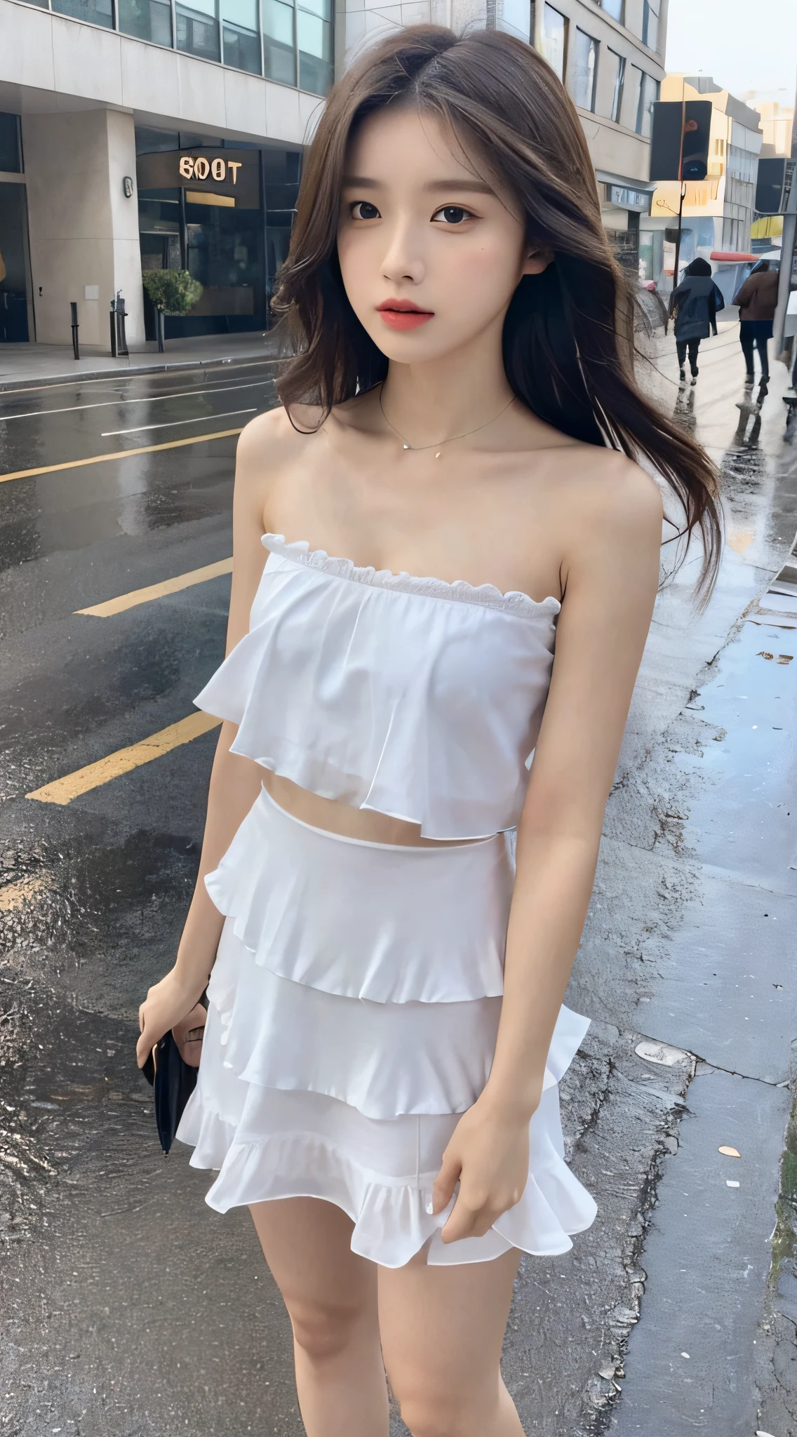 ((Best Quality, 8k, Masterpiece: 1.3)), Focus: 1.2, Perfect Body Beauty: 1.4, Buttocks: 1.2, ((Layered Haircut, Flat Chest: 1.2)), (Rain, Street:1.3), Bandeau Dress: 1.1, Highly Detailed Face and Skin Texture, Fine Eyes, Double Eyelids, Whitened Skin, Long Hair, (Shut Up: 1.3), Full Body