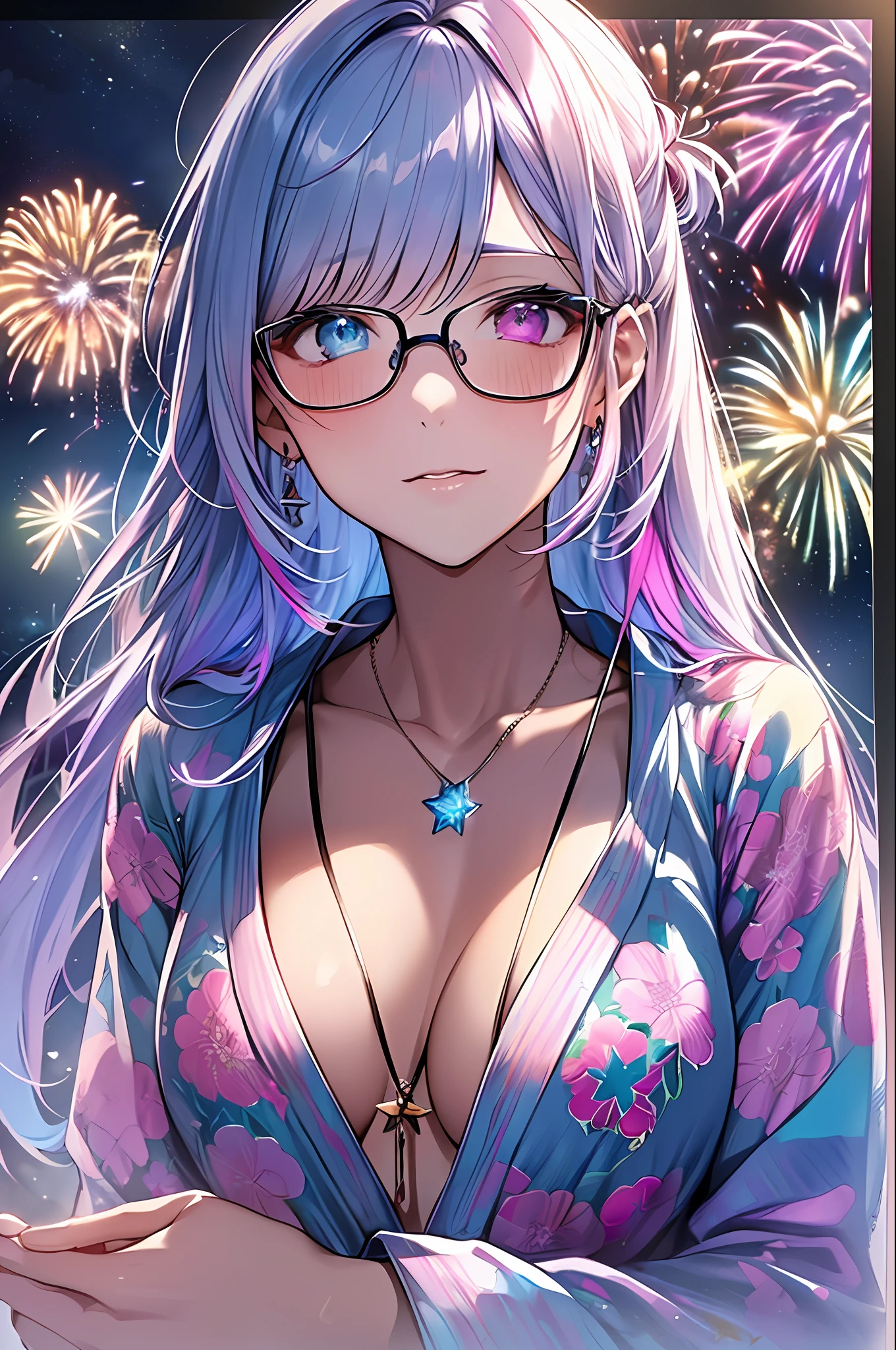 ((Masterpiece, Top Quality, Watercolor Art (Pendant), Official Art, Beautiful and Aesthetic: 1.2)), (Golden Ratio: 1.2), (Full Body: 1.2), (Ultra Detail: 1.3), (1 Girl: 1.3), (Fractal Art: 1.3), Full Body, (Glitter Pupil)), Pattern, (iridescent hair, colorful hair, half blue and half pink hair: 1.2)), Colorful, (Glasses), Writing, ( heterochromia), (Colorful: 1.5), ((Yukata)), ((Hakata Yukata)), ((Large fireworks in the background)), Night Sky, (((Embarrassed face)), ((Micro bikini)), (Standing), ((Hyper detail)), ((Delicate detail)), ((Complex detail)), ((Cinematic light, highest quality backlight)), High contrast, ((Best lighting, Very delicate and beautiful)), ((Cinematic Light)), (Ray-traced reflection, shine), (((Shining aura)), (Shining hair)), ((Super detail)), ((8K)), ((Fireworks))