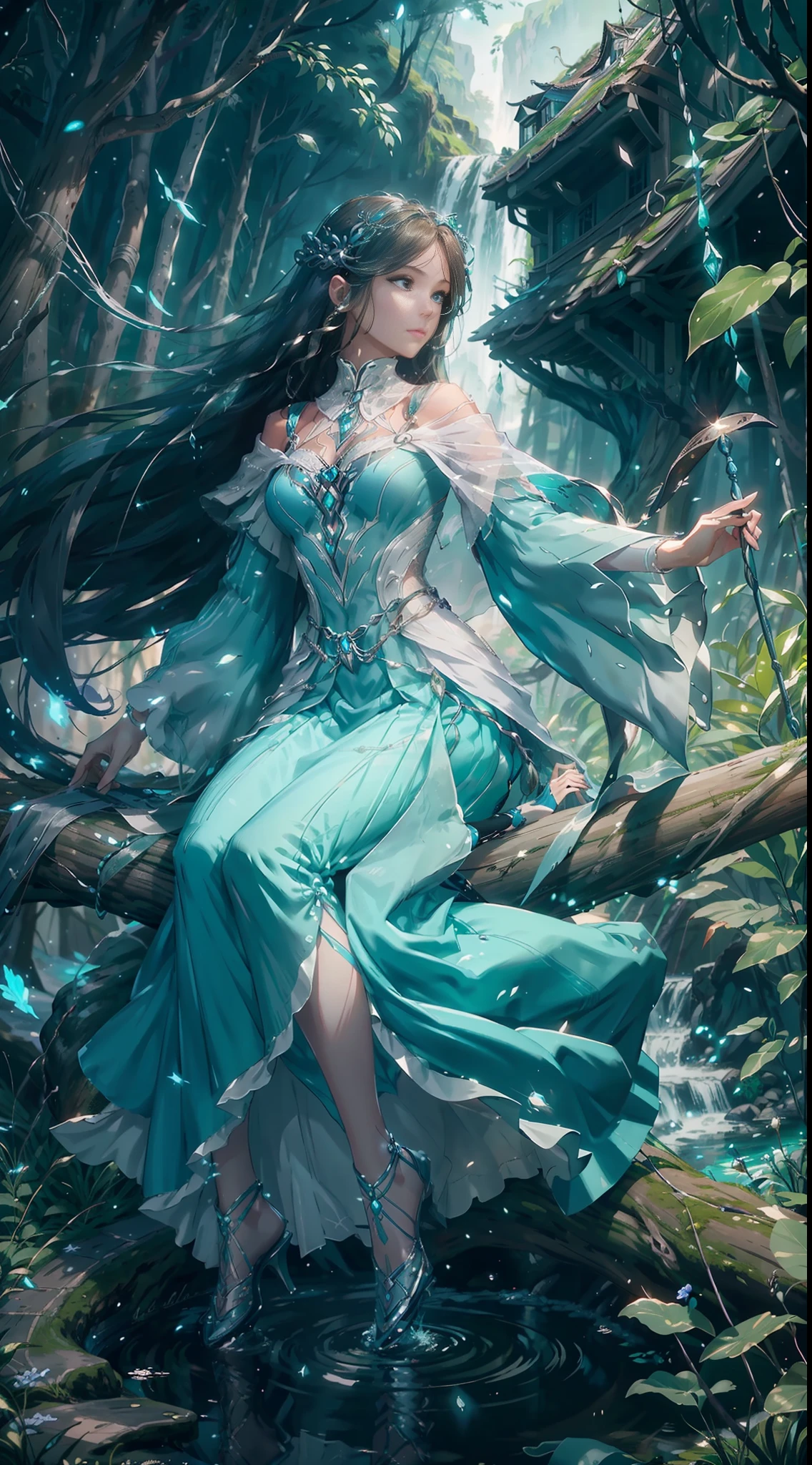 A woman in a blue dress sitting on a tree branch - SeaArt AI
