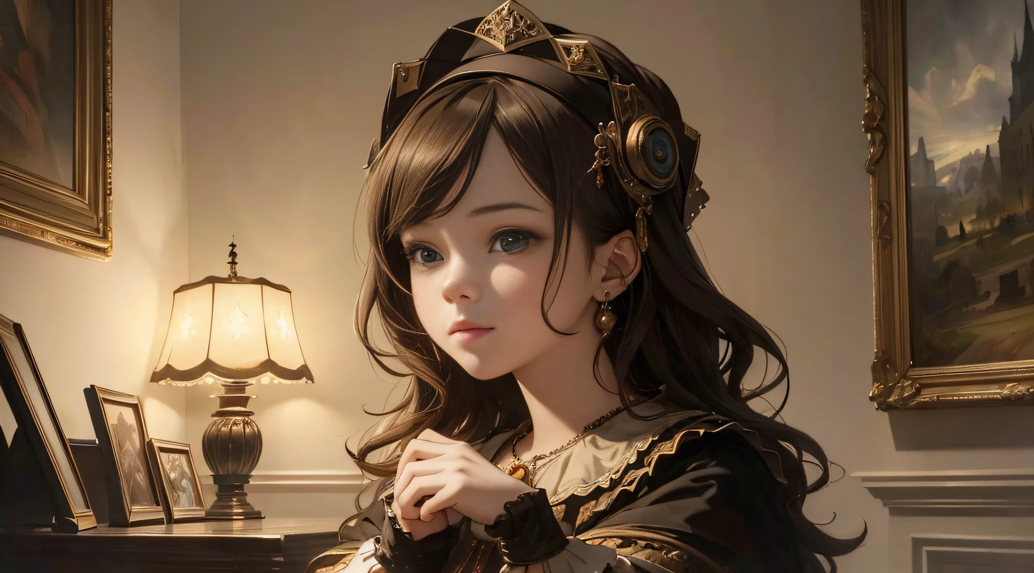 Masterpiece, best quality, young beautiful girl, super detailed, official art, Unity 8k wallpaper, giggle, Dutch Masters lighting, (Rembrandt style):1.2 dramatic chiaroscuro, rich colors, atmospheric depth, masterful technique