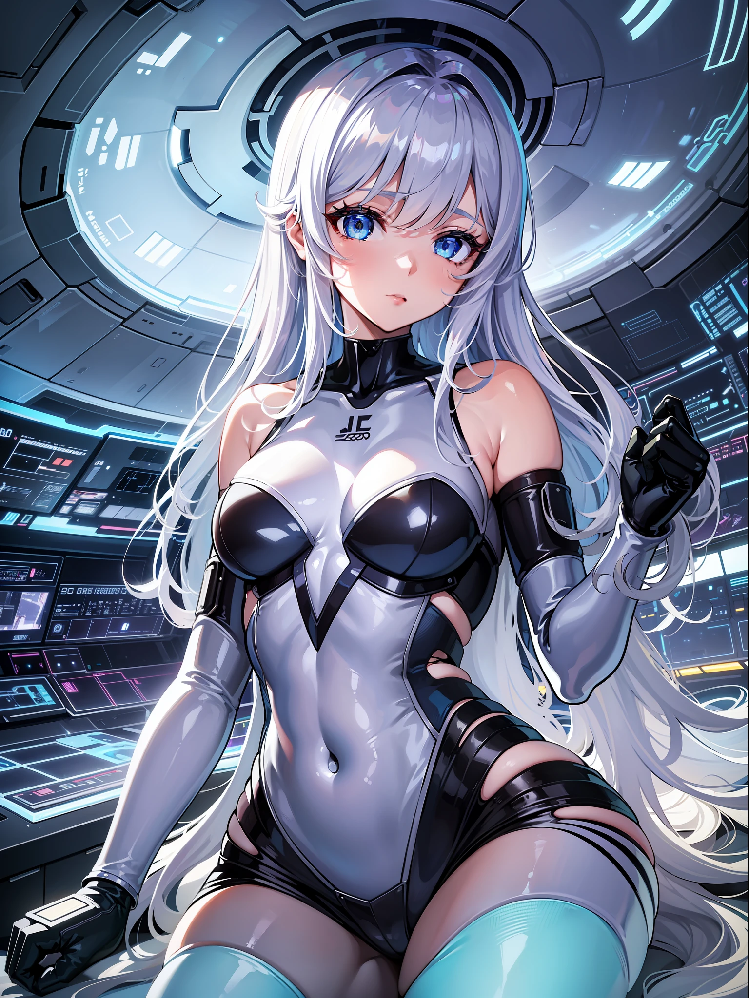 Inside the spaceship, a girl and a beautiful scene unfold. There are panels with futuristic designs on the walls and ceiling, giving them a fantastic glow. The ship is spacious, equipped with various scientific and technological devices and consoles. The interior space of the spacecraft is characterized by a silvery metallic texture and curvaceous design, focusing on the girl