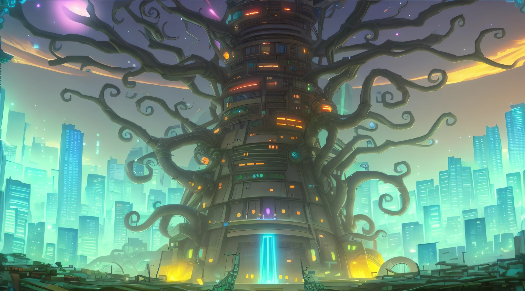 anime city with a giant tree in the middle of it, stylized urban fantasy artwork, cyberpunk tree house, background artwork, tree town, colossal tower, midgar, twisted giant tower, wizard's tower, background art, wizard tower, the wizard's magical tower!!, giant imposing steampunk tower, high detailed official artwork, hive city, gigantic tower, full art