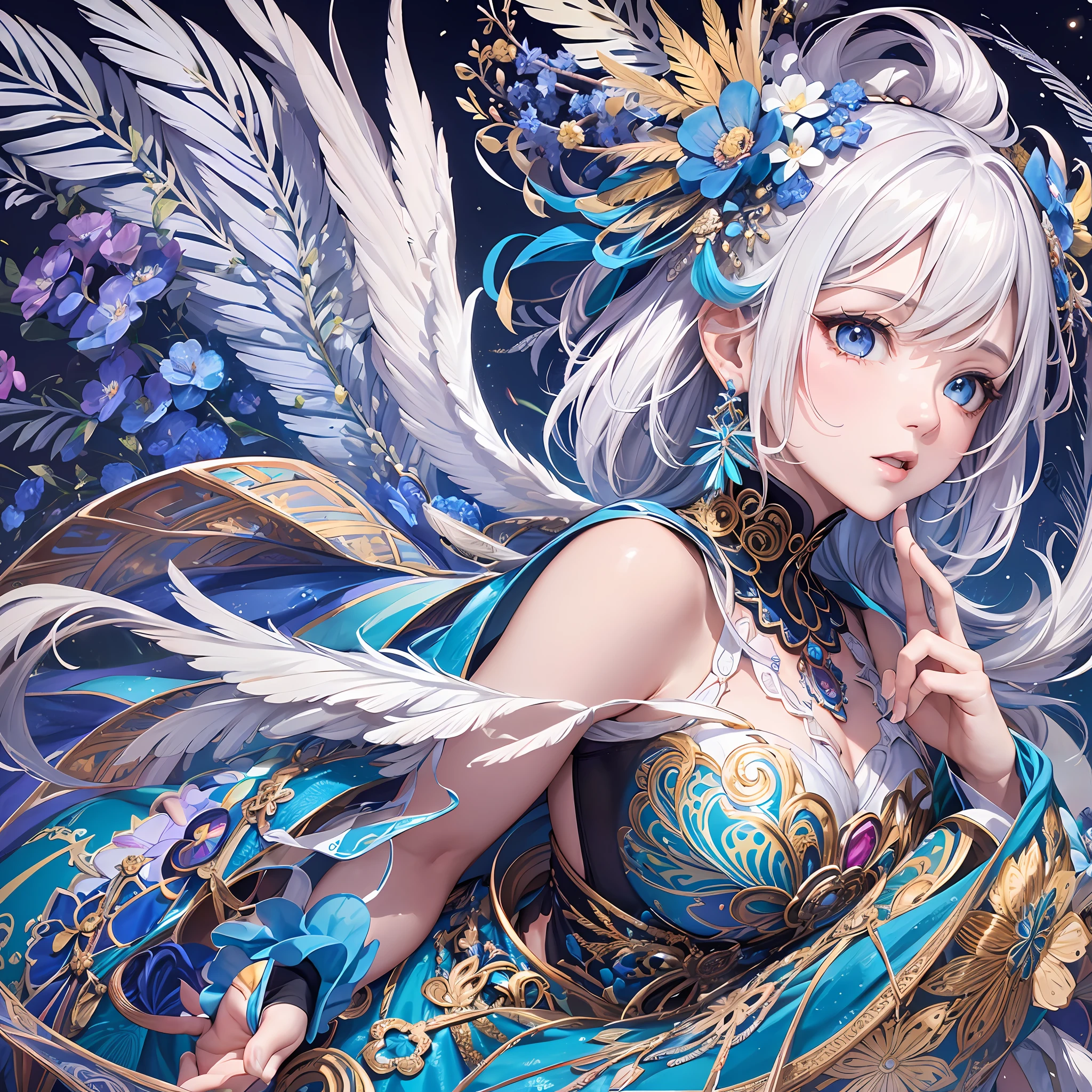 (Masterpiece, Best Quality, Best Quality, Official Art, Beautiful and Aesthetic: 1.2), (1 Girl: 1.3), Very Detailed, (Fractal Art: 1.1), (Colorful: 1.1) (Blue Flower: 1.3), Best Detailed, (Zentangle: 1.2), (Dynamic Pose), (Abstract Background: 1.3), (Glossy Skin), (Many Colors: 1.4), (Earrings), (Feathers: 1.5), (Wind:1.3), jewels, white hair, wrapped in light, detailed background, phoenix dress, panda ears, blue flowers, vivid eyes --auto --s2